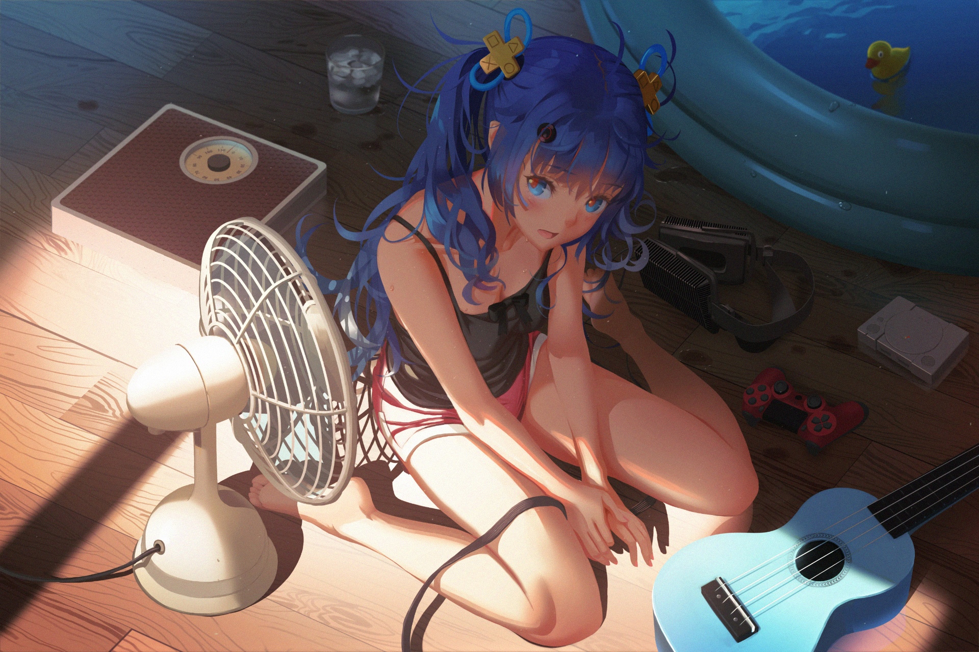 Girl with blue hair and ukulele by a fan HD Wallpaper