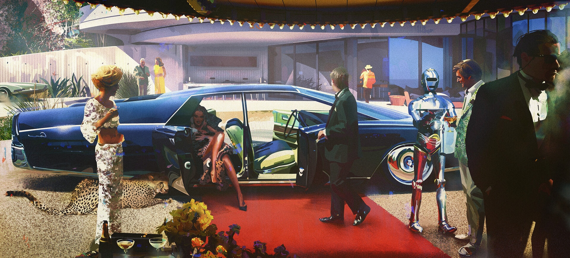 Retro-futuristic party with a robot and a leopard HD Wallpaper