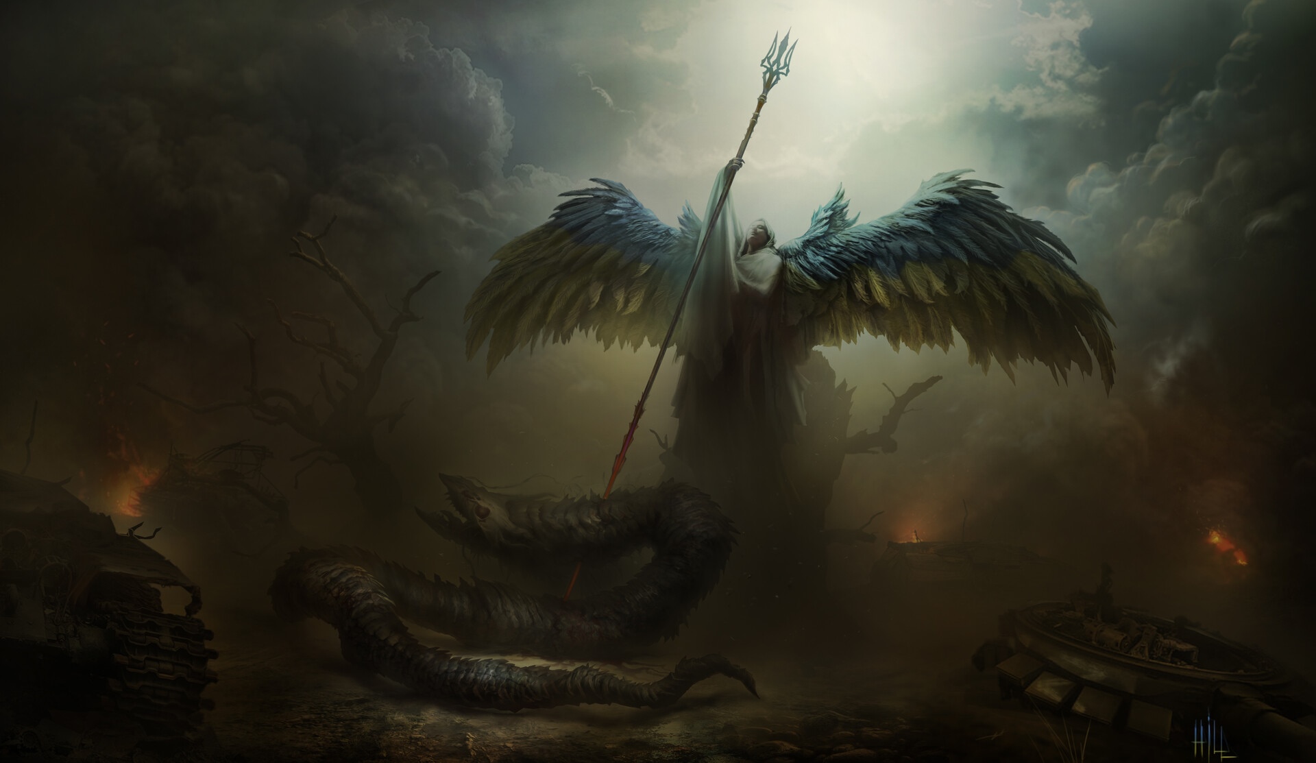 Angel with Trident fighting a Snake by Yuri Hill HD Wallpaper