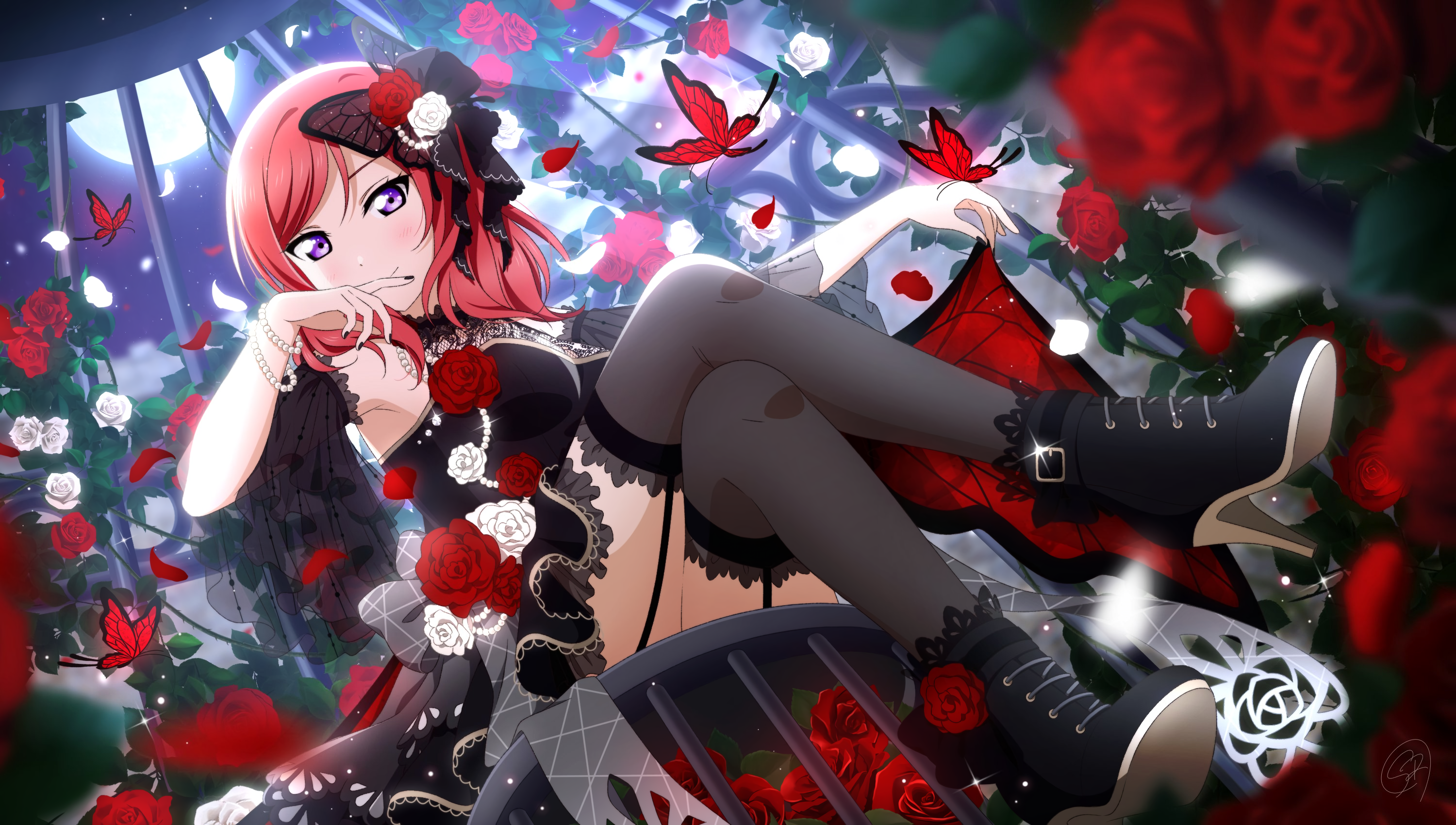 Nishikino Maki in a rose garden with butterflies HD Wallpaper