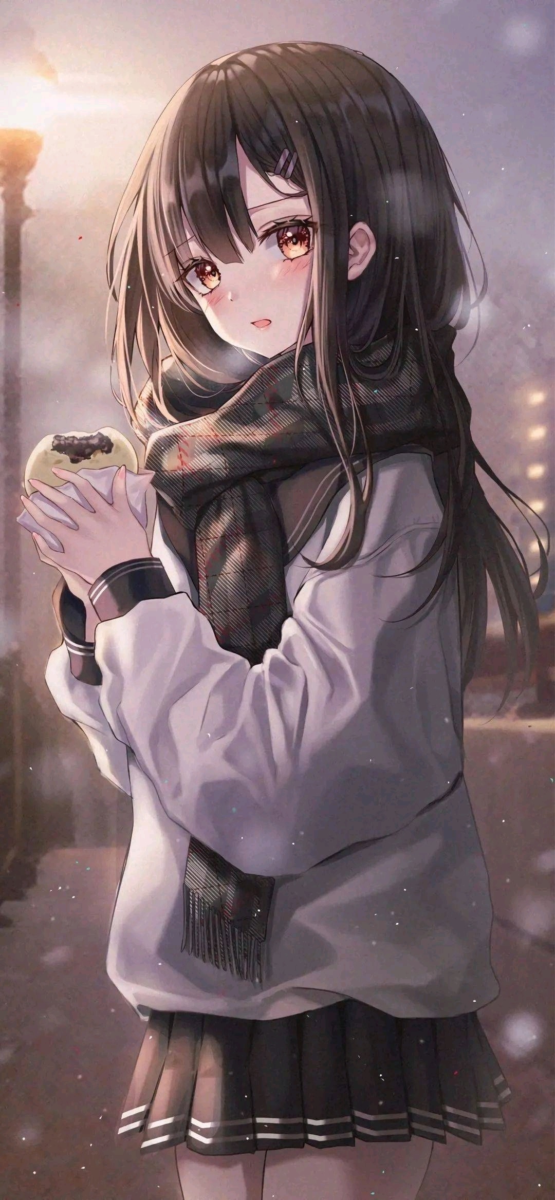 Anime girl in school uniform eating food HD Phone Wallpaper