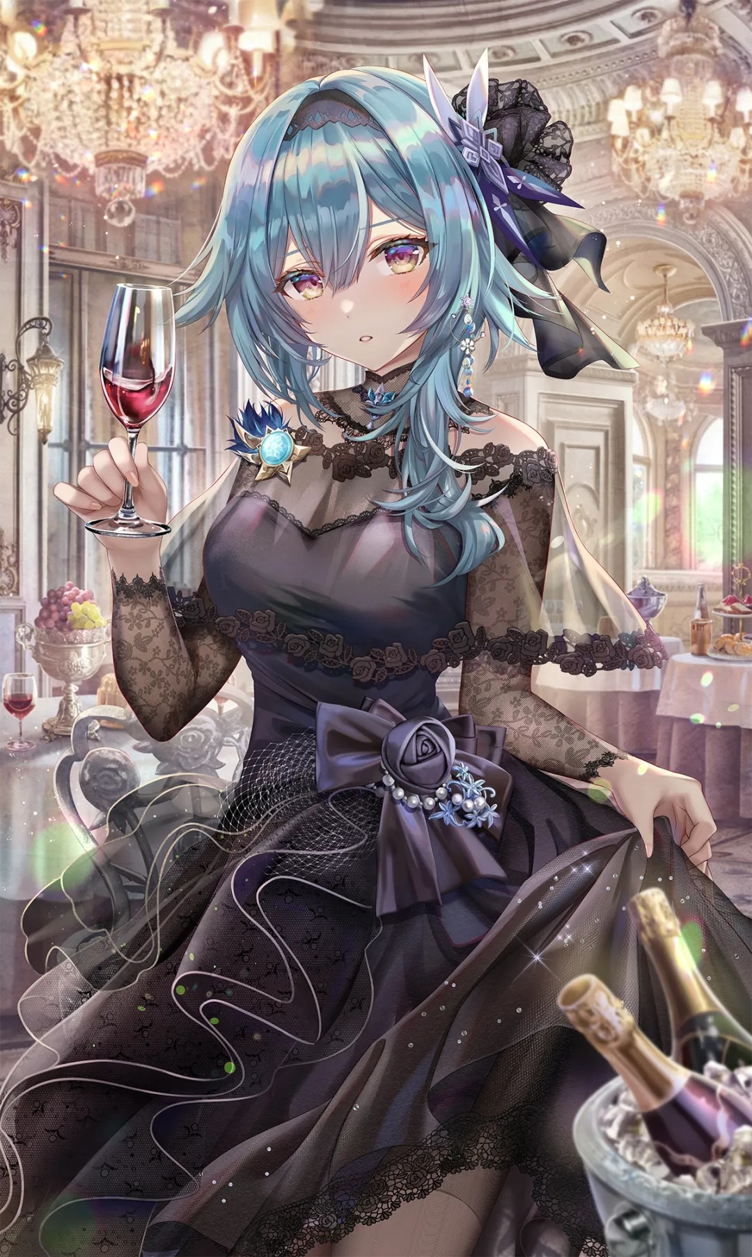 Eula in a black dress holding wine at a party HD Phone Wallpaper