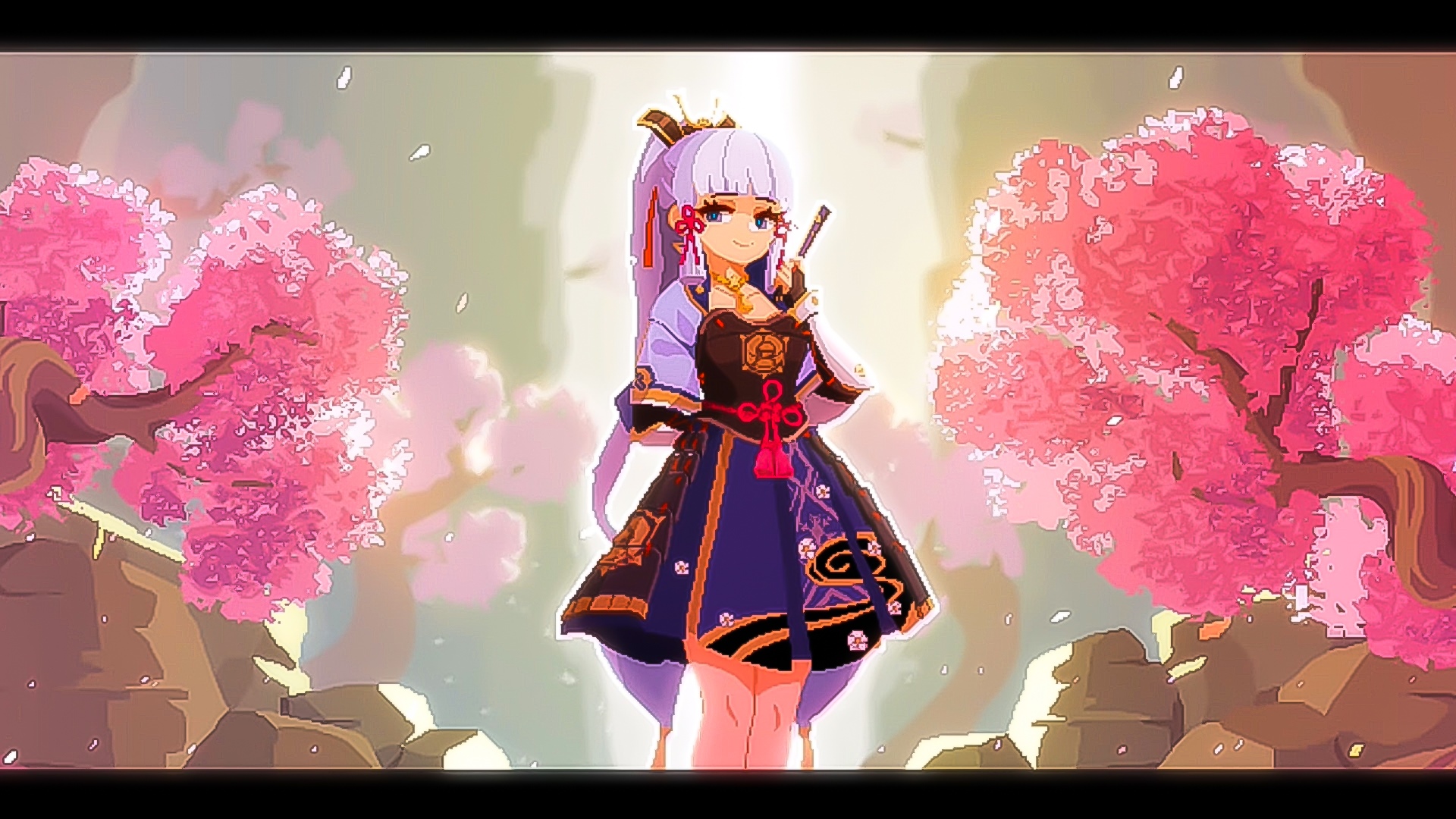Kamisato Ayaka from Genshin Impact with cherry blossoms HD Wallpaper