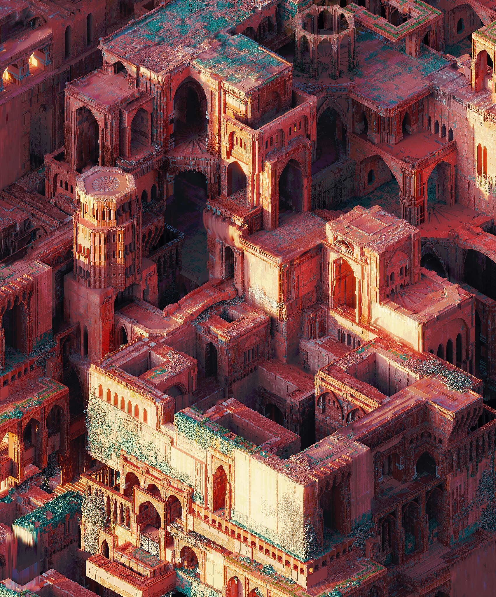 Voxel architecture of ancient ruins with turquoise patina HD Phone Wallpaper