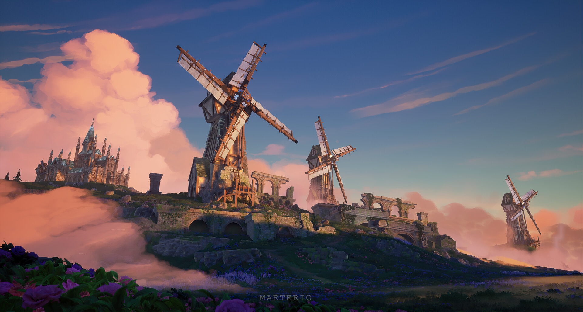 Fantasy art of windmills and a castle by Marterio HD Wallpaper