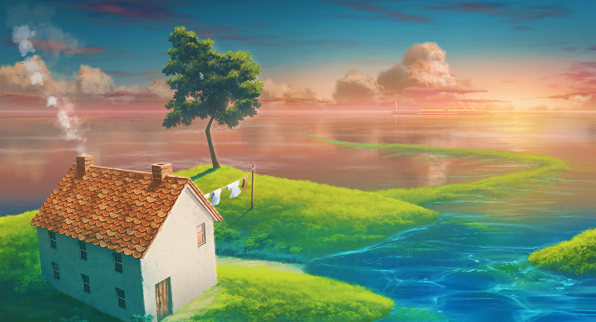 Spirited Away house by the water at sunrise HD Wallpaper