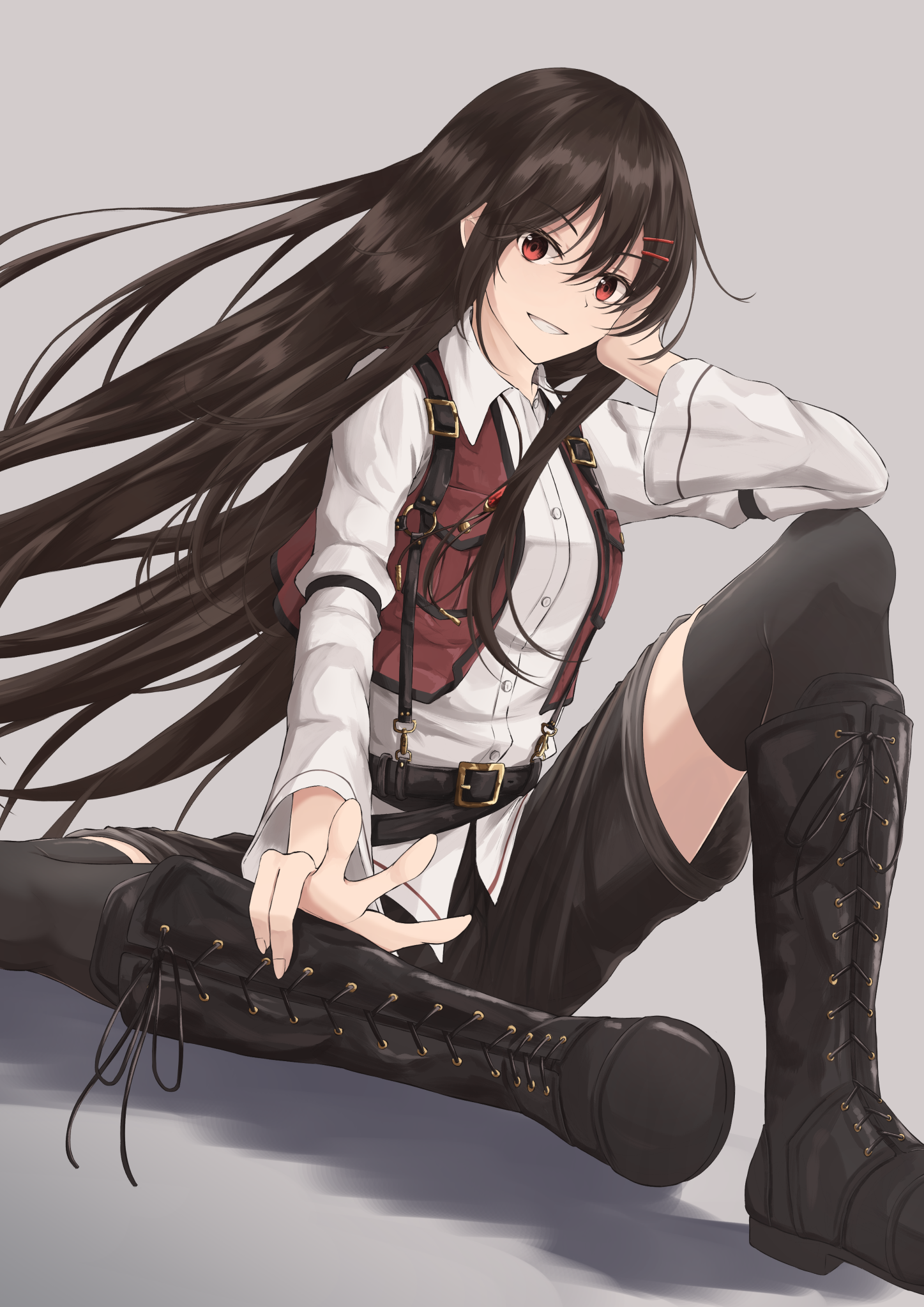 Anime girl with long dark hair and red eyes smiling HD Phone Wallpaper