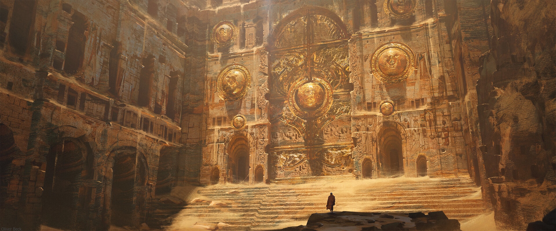 Artwork by Oliver Beck of ancient desert architecture HD Wallpaper