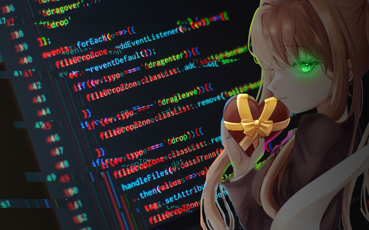 Monika from Doki Doki Literature Club holding a heart-shaped gift HD Wallpaper