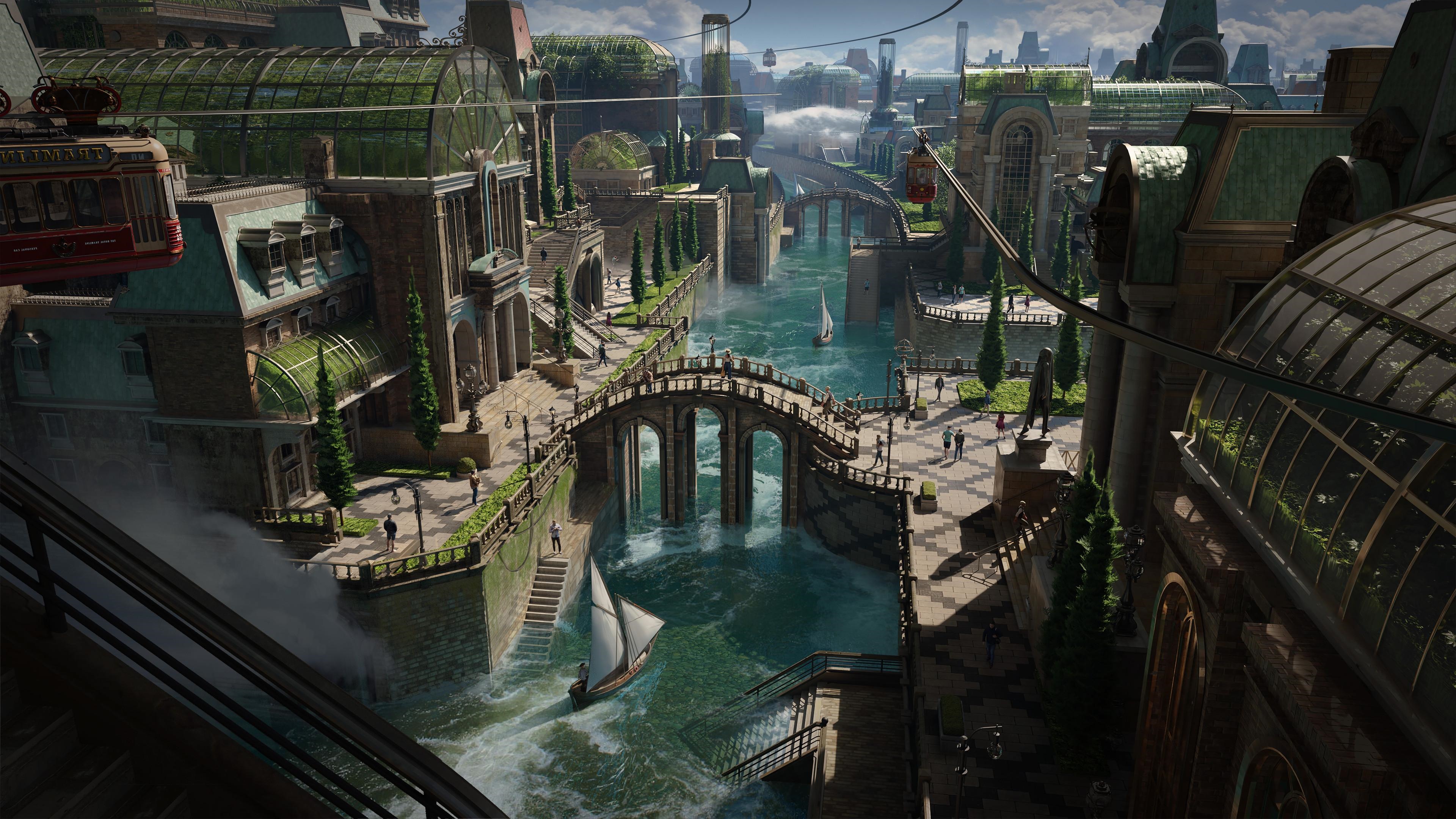4K Fantasy City with Steampunk Tram and Canals HD Wallpaper