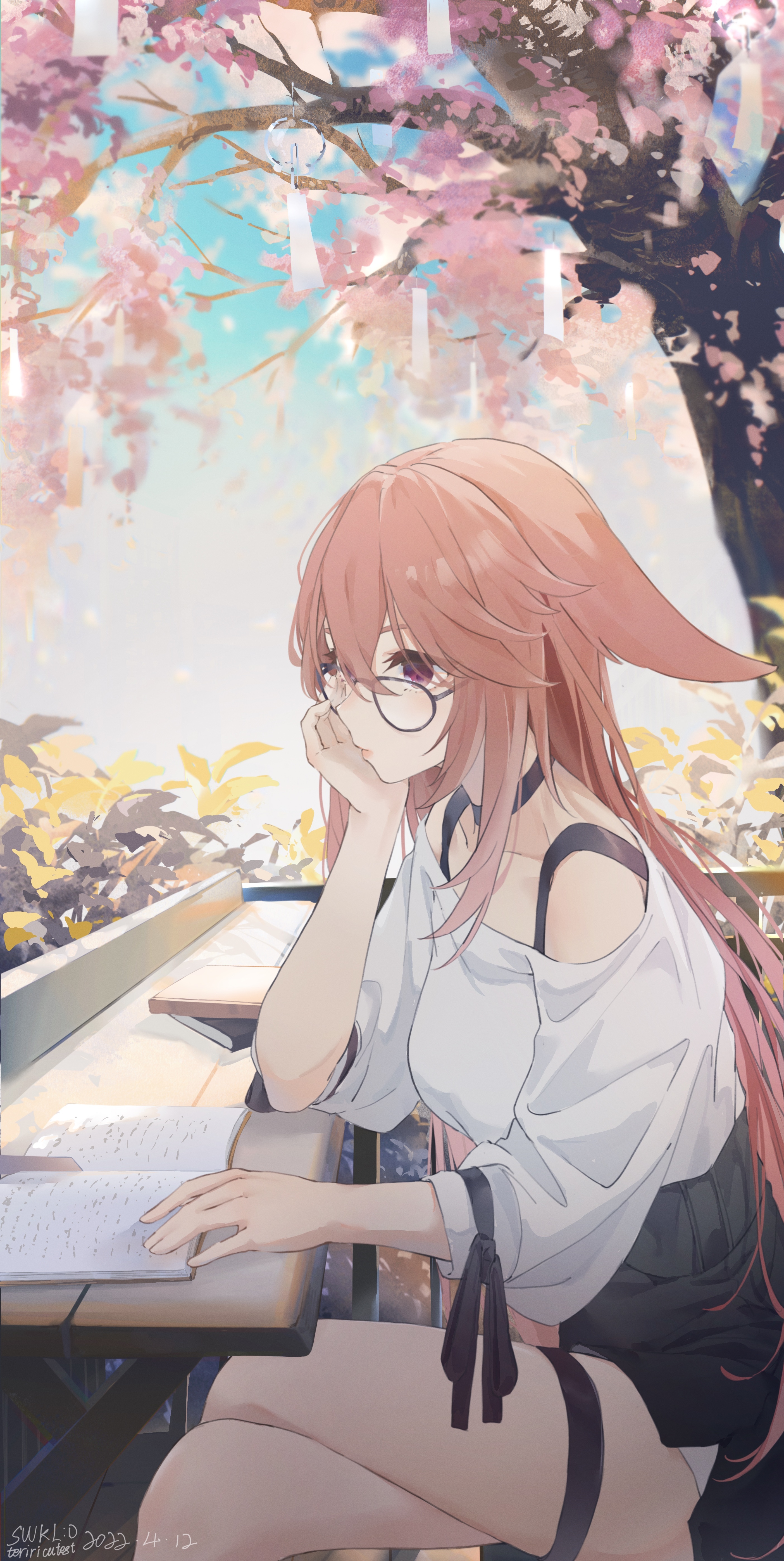Yae Miko reading under cherry blossom trees HD Phone Wallpaper