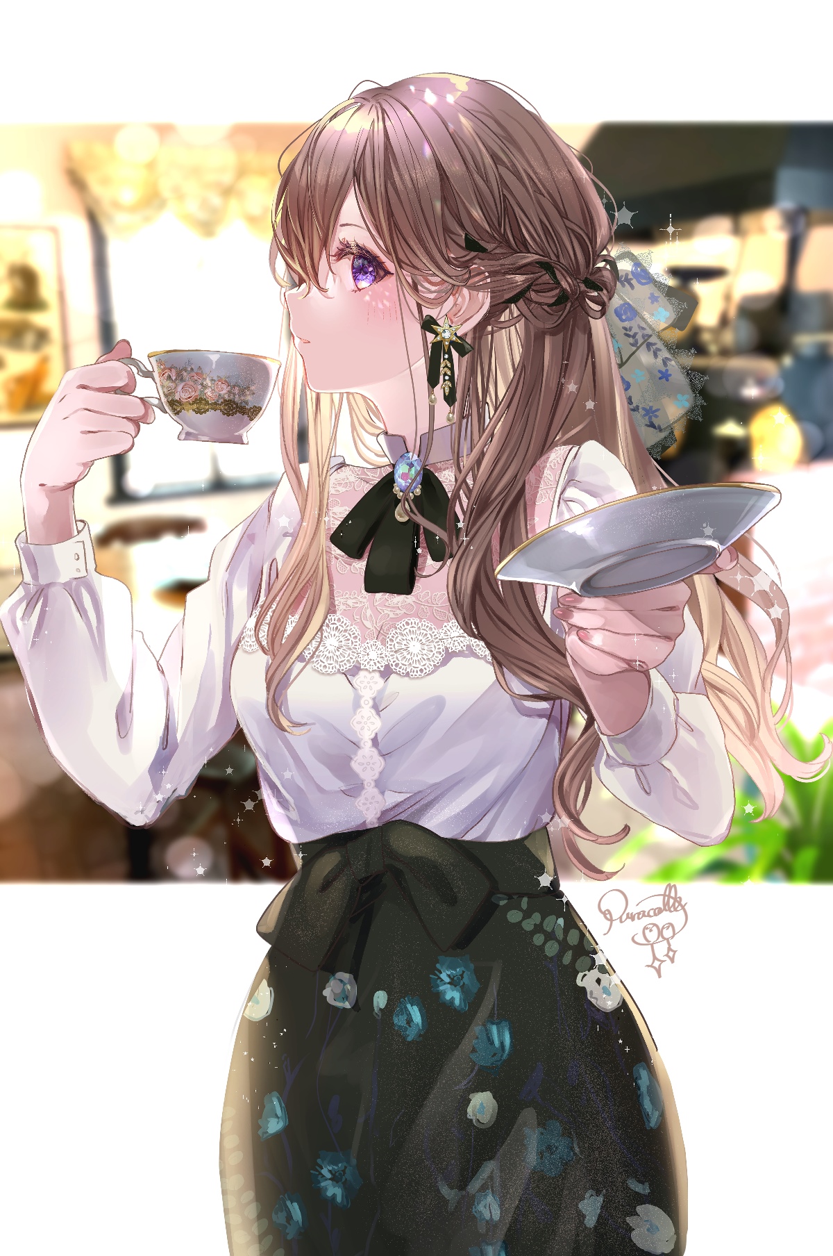 Anime girl with brunette hair drinking tea HD Phone Wallpaper