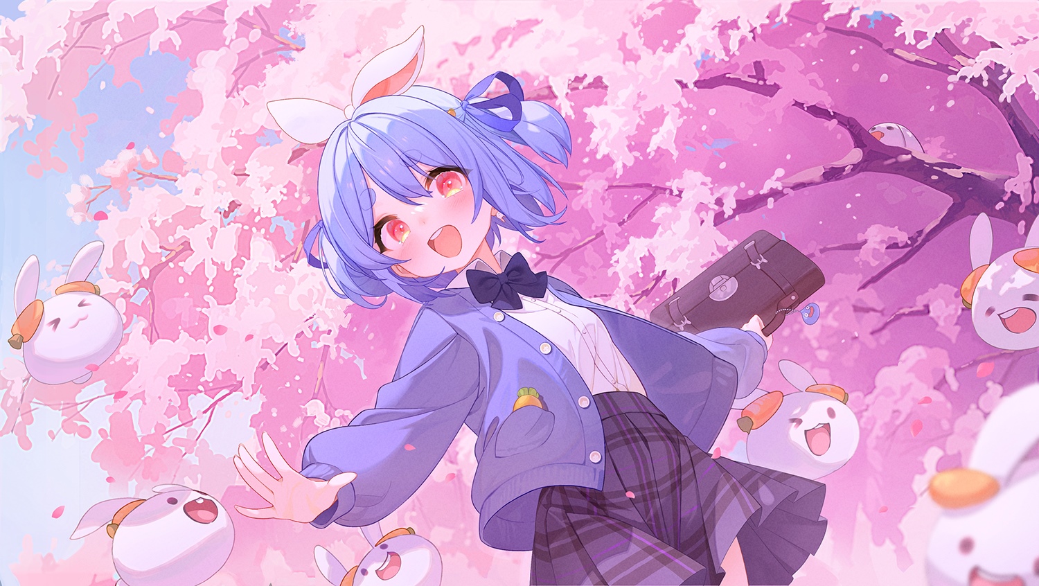Usada Pekora with bunny friends under cherry blossoms HD Wallpaper