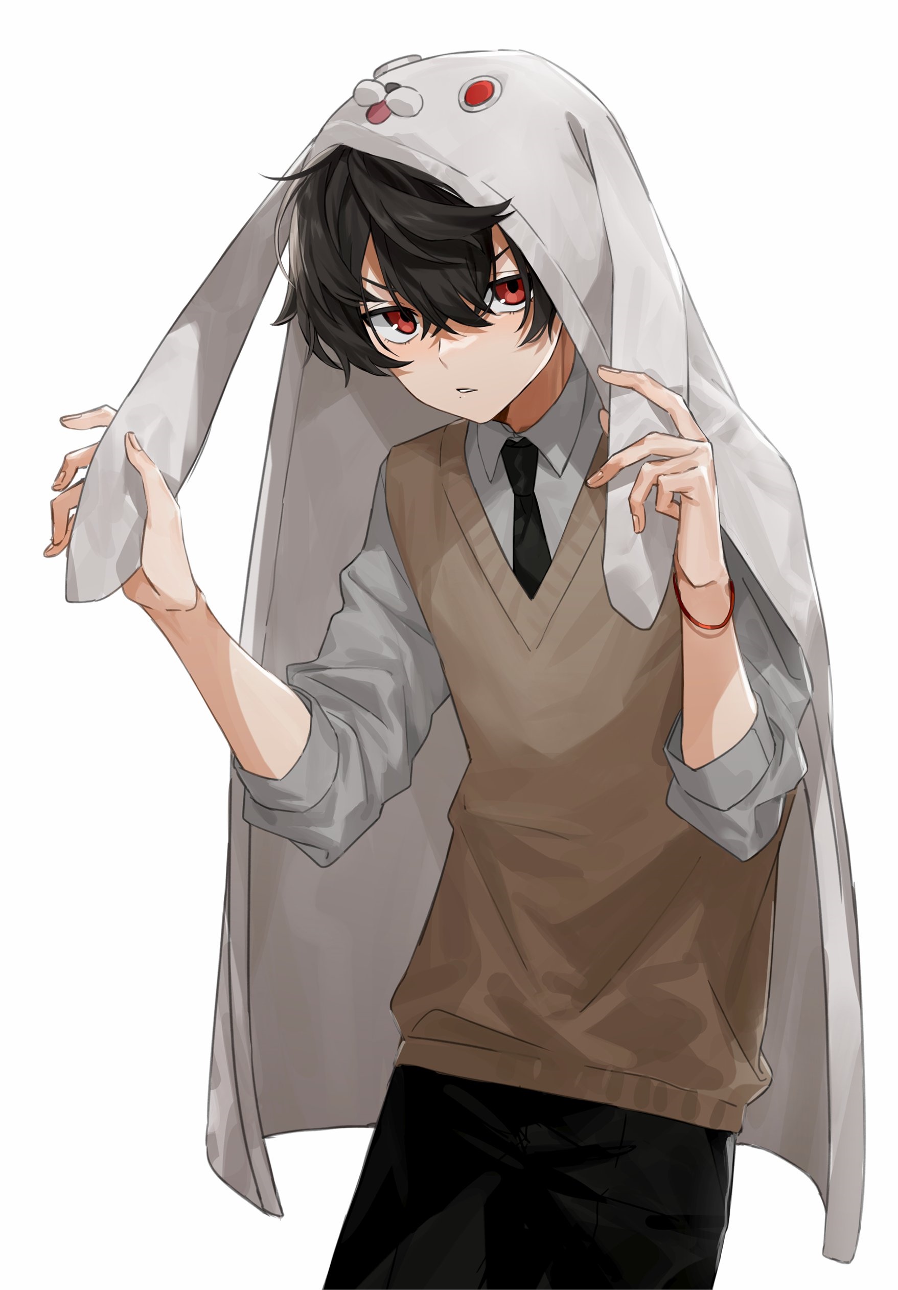 Anime boy with bunny hoodie and red eyes HD Phone Wallpaper