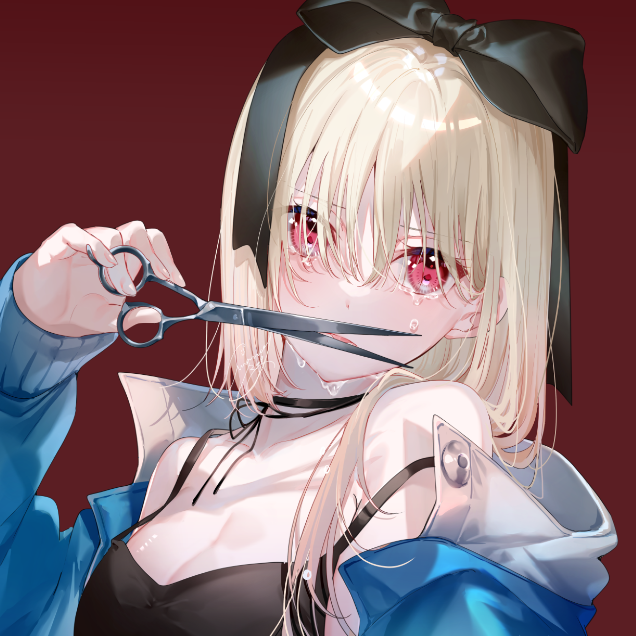 Girl with blonde hair and red eyes holding scissors HD Wallpaper
