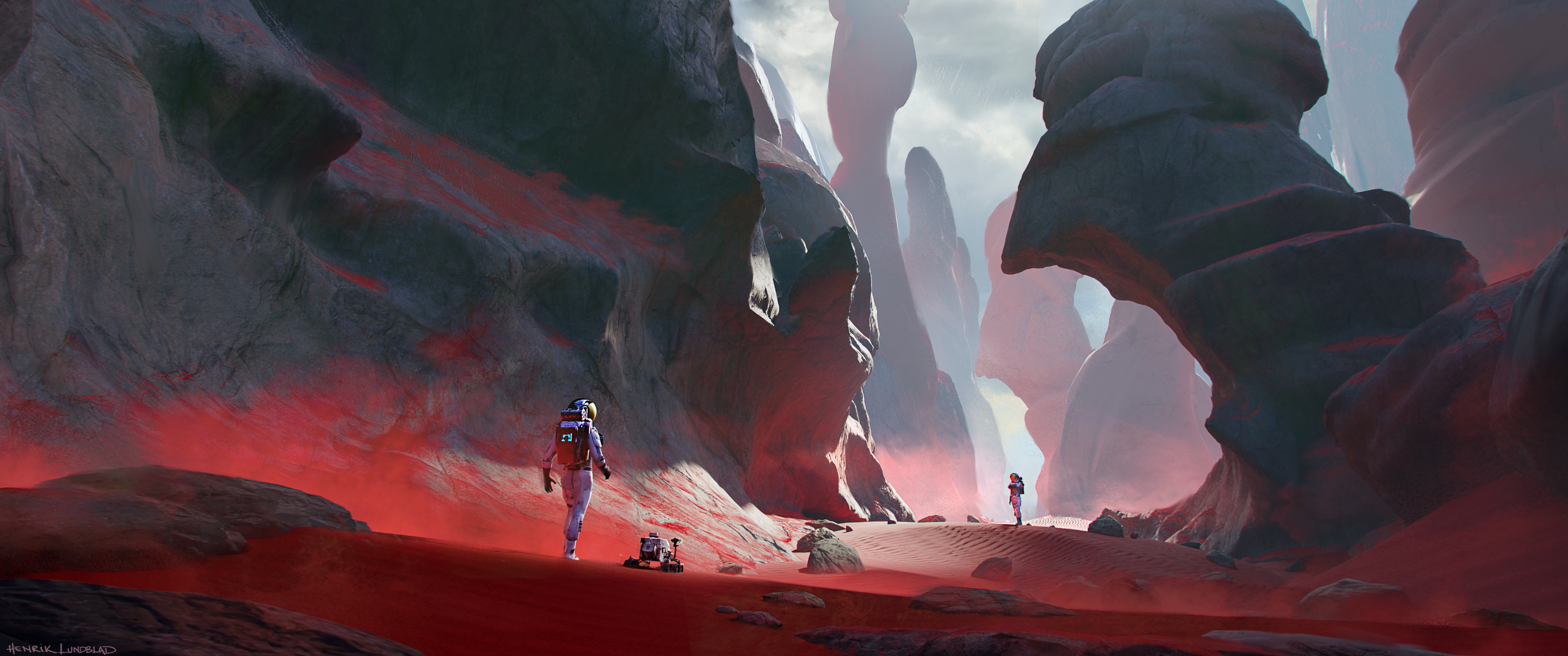 Astronauts exploring a rocky, red alien landscape HD Wallpaper