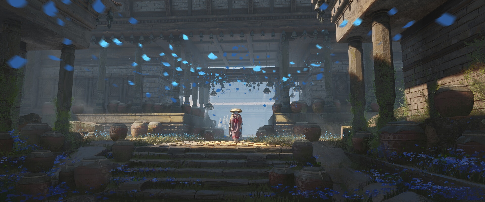 Monk in ancient ruins with blue petals falling HD Wallpaper
