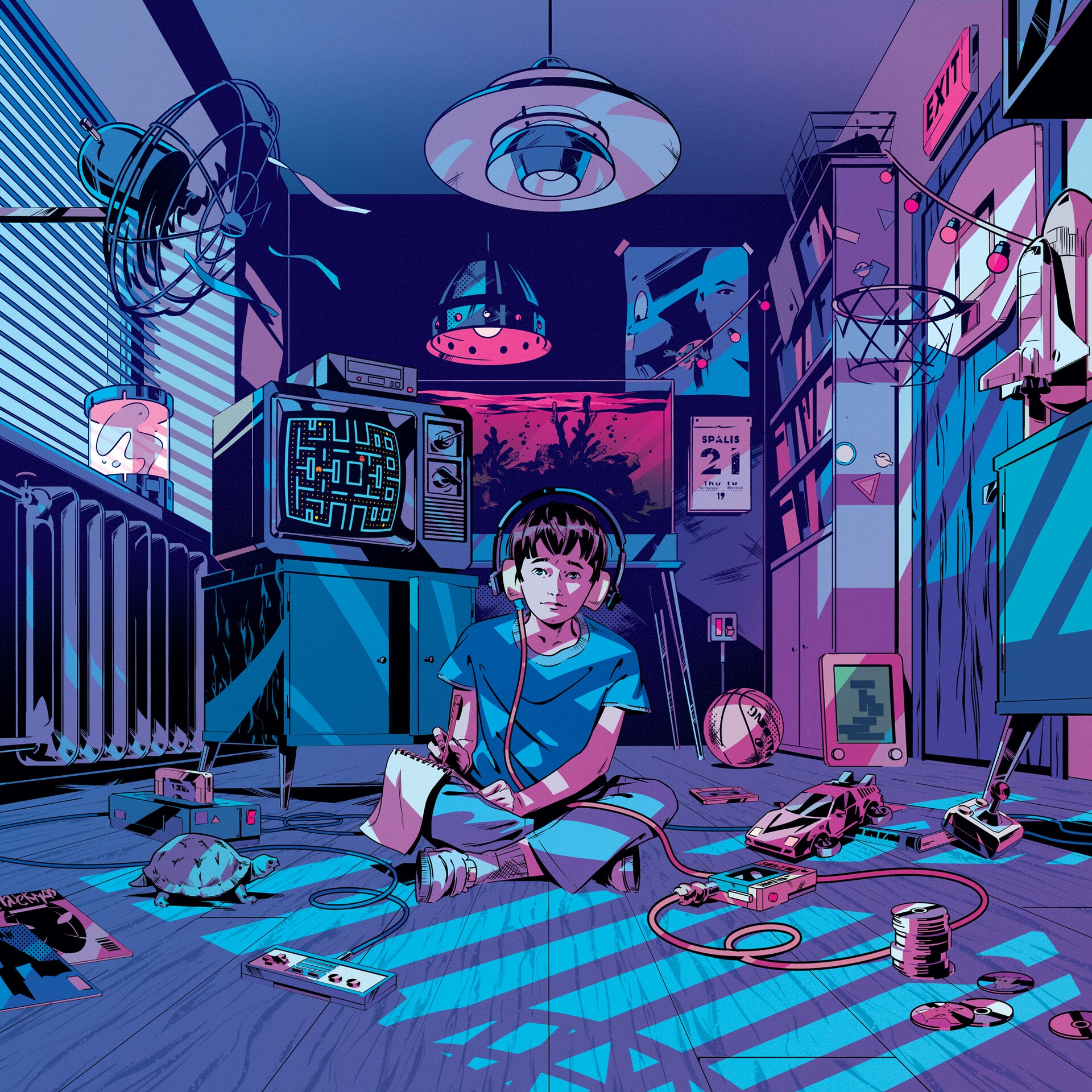 Boy with headphones playing video games in a retro room HD Wallpaper