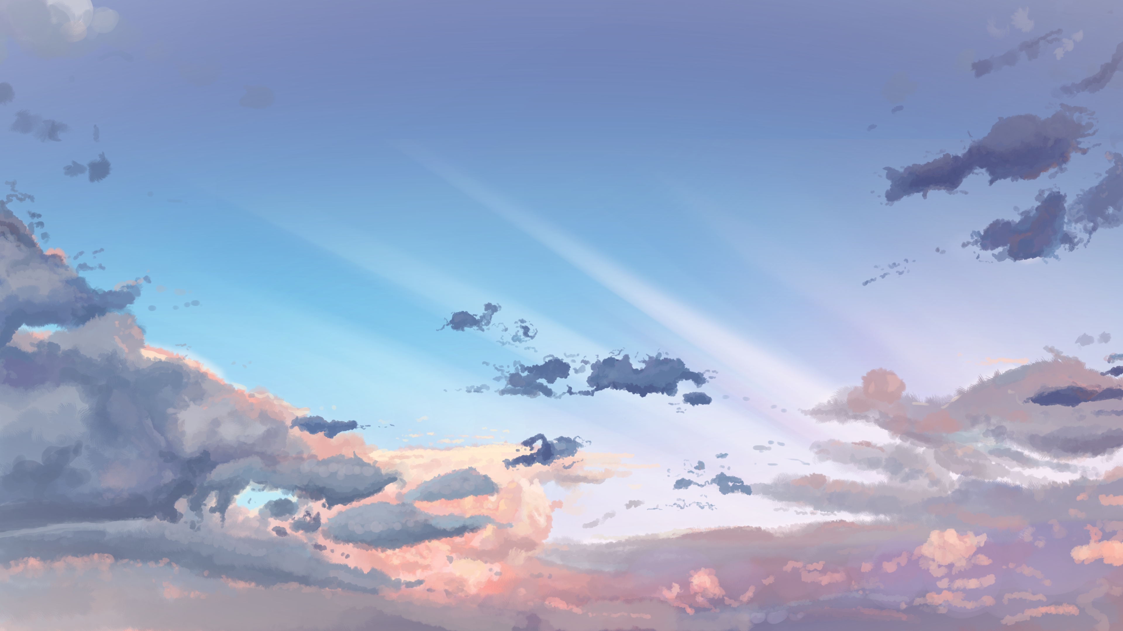 Anime sky with sunbeams and clouds HD Wallpaper