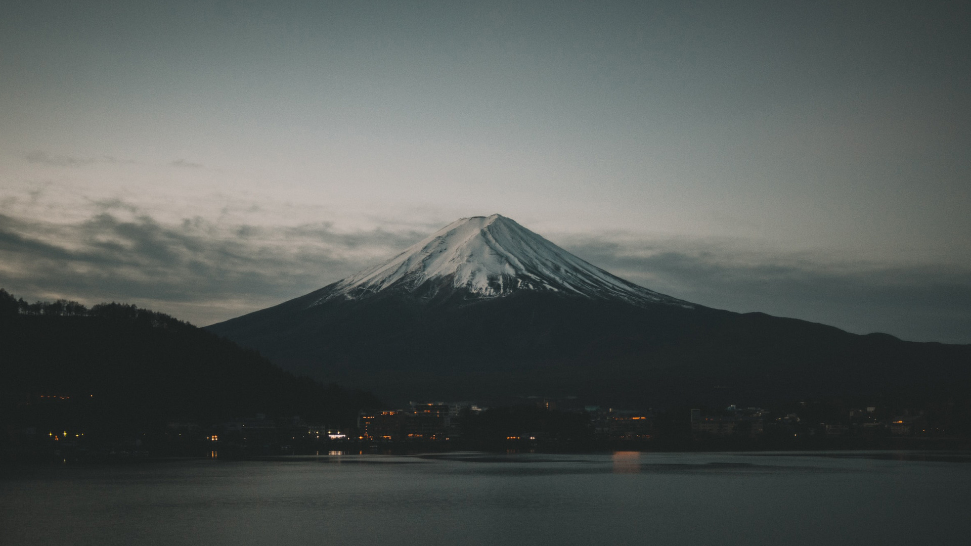 Mount Fuji with snow and lake at dusk HD Wallpaper