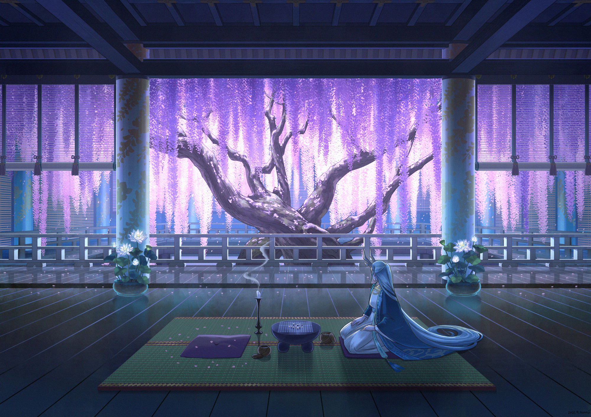 Anime girl with horns playing board game under wisteria tree HD Wallpaper