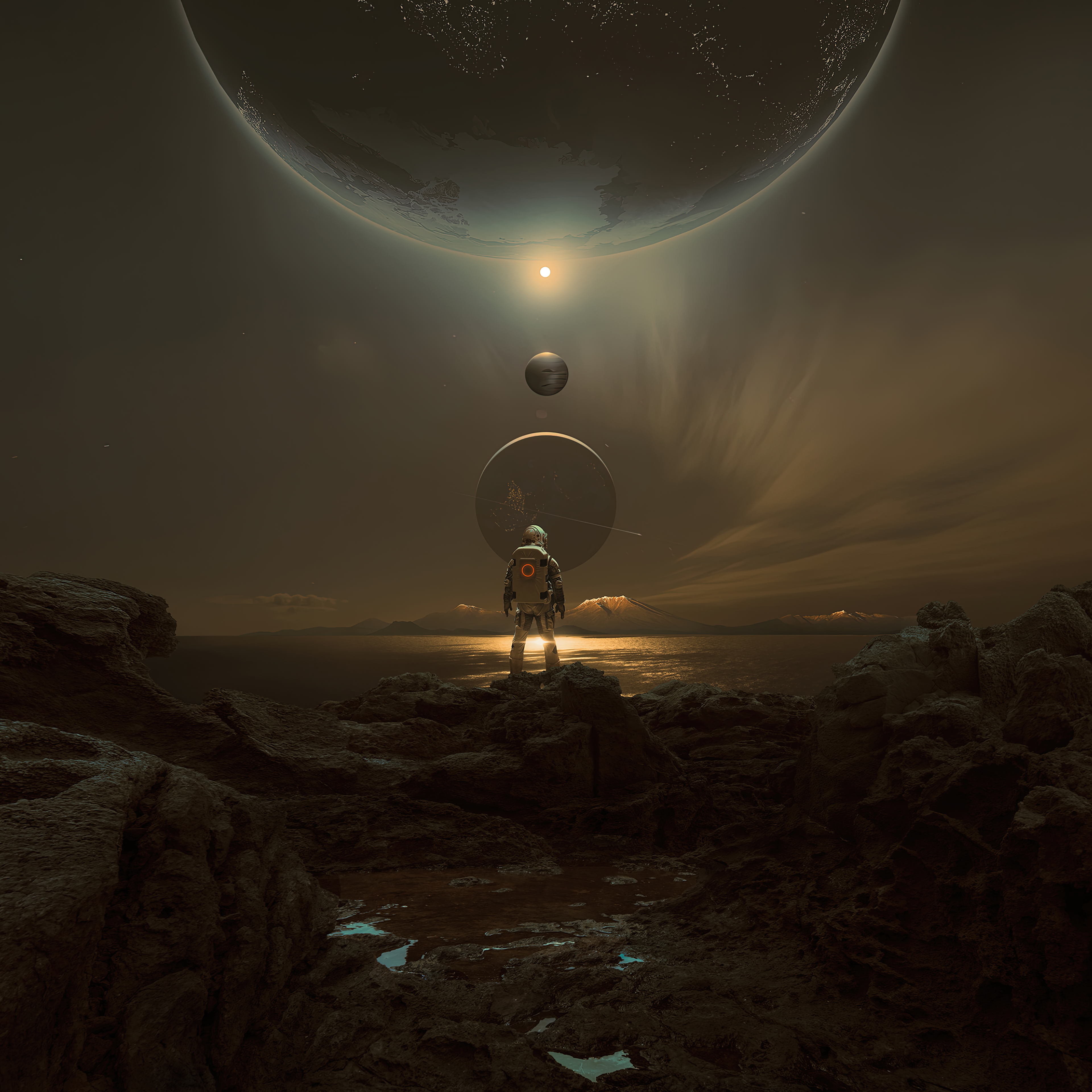 Astronaut on an alien planet with multiple celestial bodies HD Wallpaper