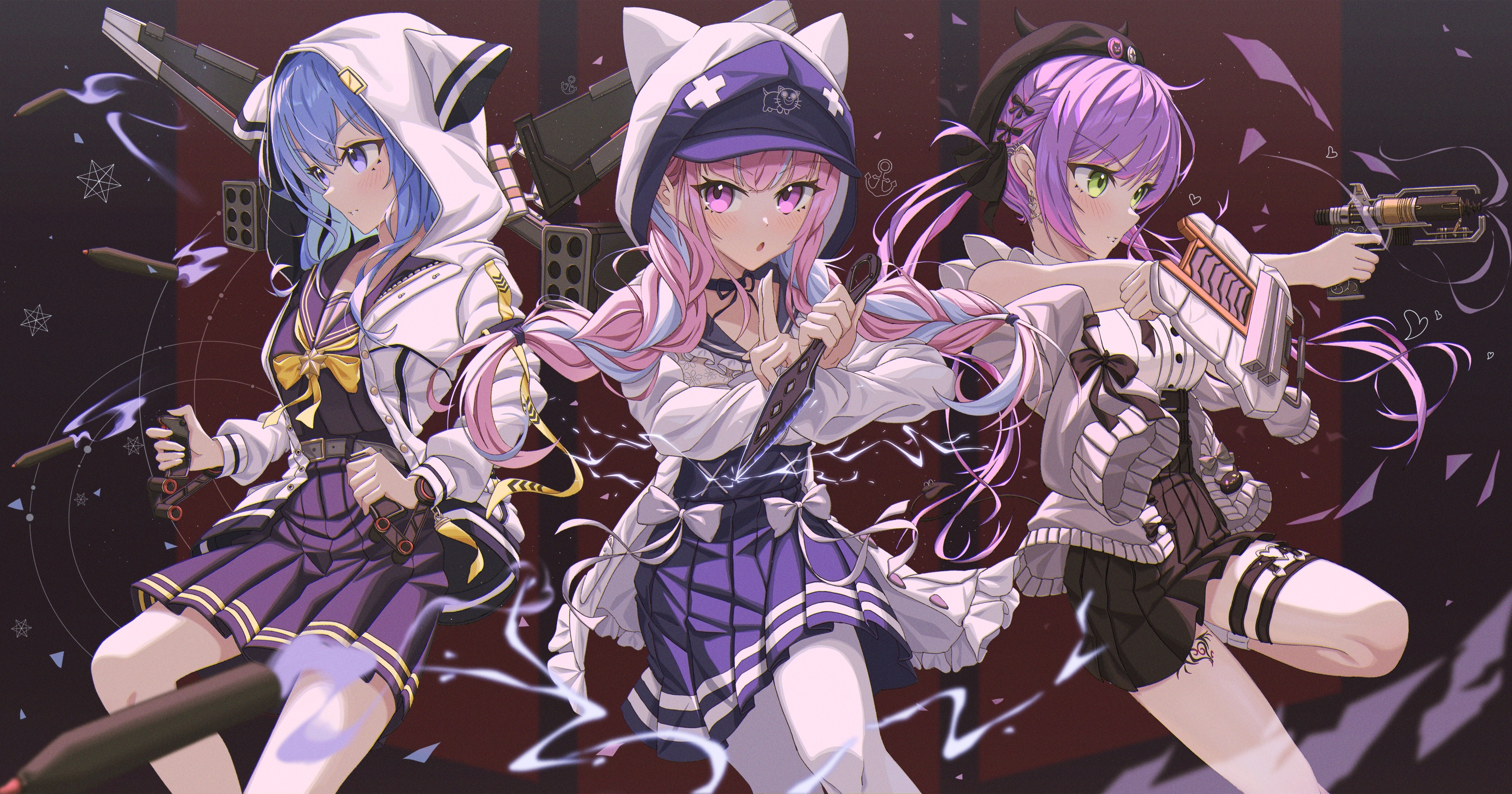 Hololive Hoshimachi Suisei, Minato Aqua, and Tokoyami Towa with weapons HD Wallpaper