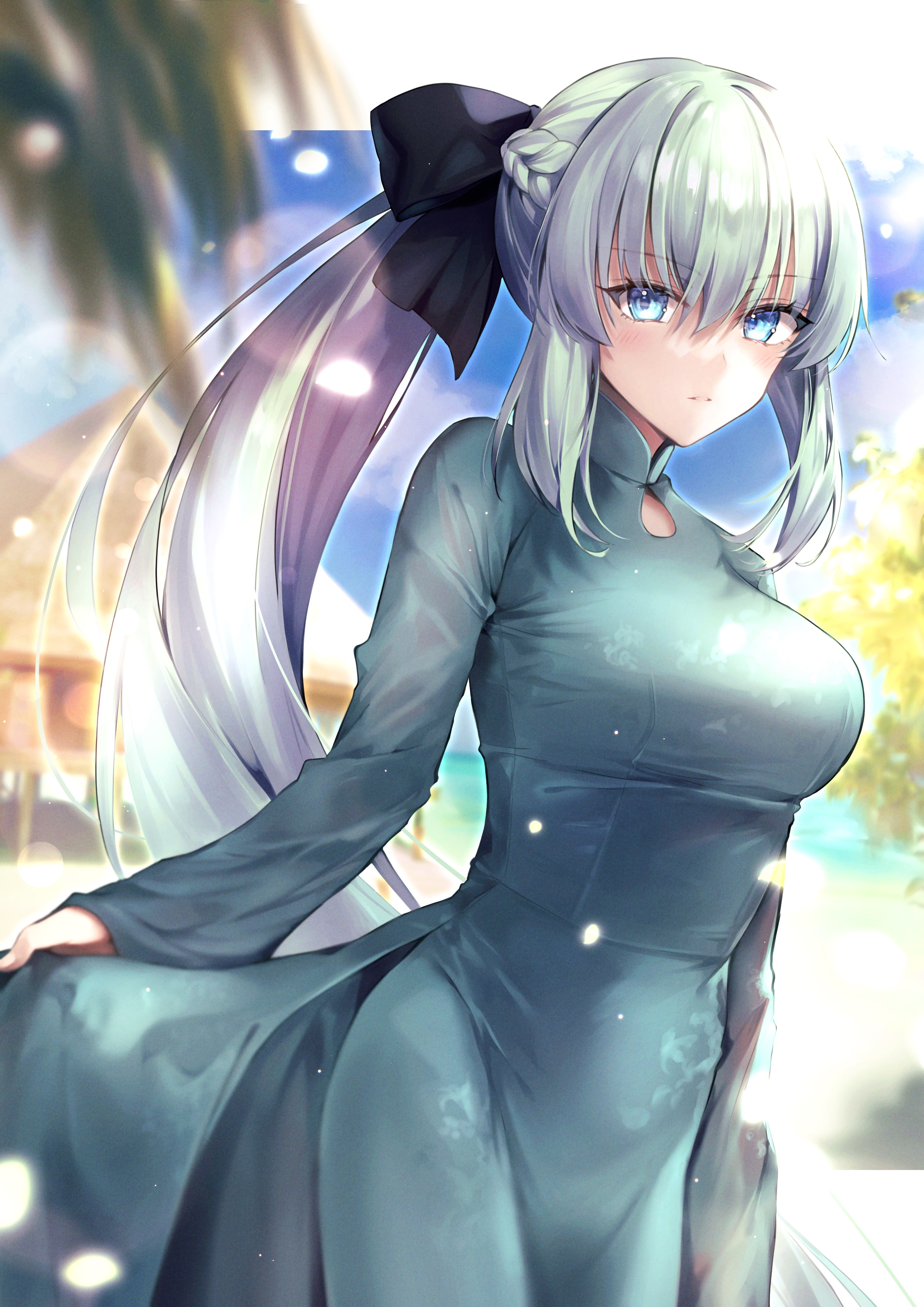 Morgan le Fay from Fate/Grand Order in a blue dress HD Phone Wallpaper