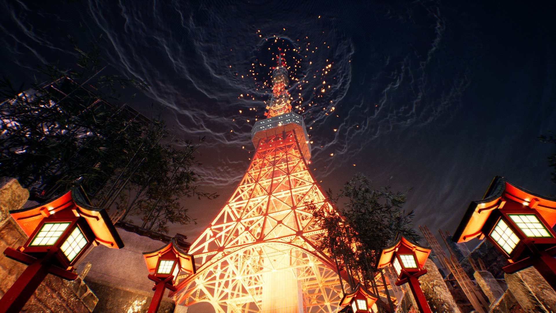 Ghostwire Tokyo Tower at Night with Lanterns HD Wallpaper