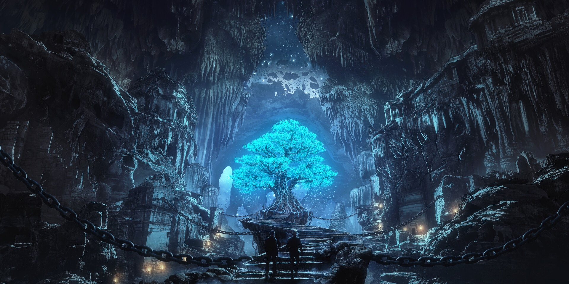 Fantasy cave with glowing blue tree and two figures HD Wallpaper
