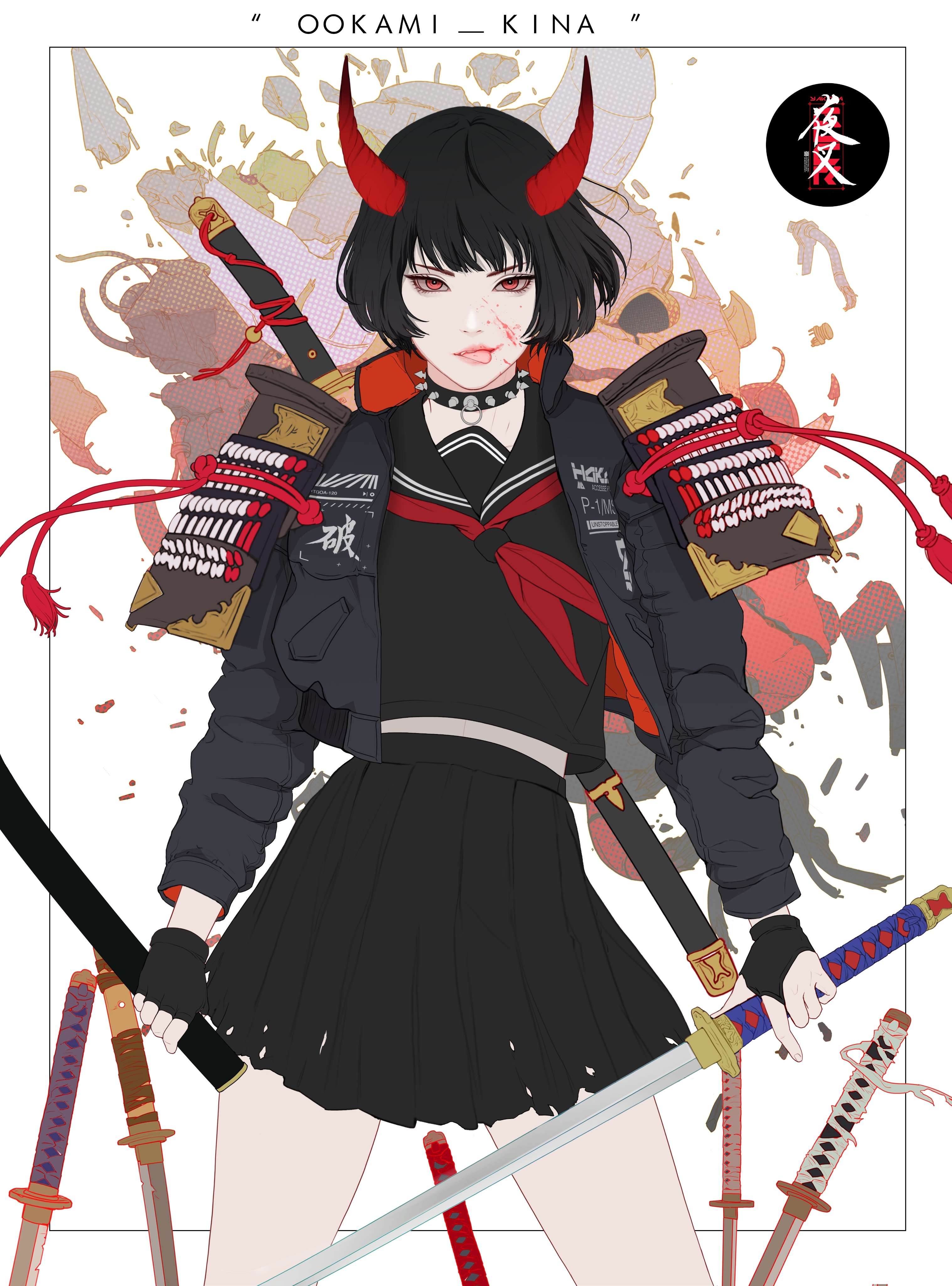 Demon Schoolgirl with Horns and Swords HD Phone Wallpaper