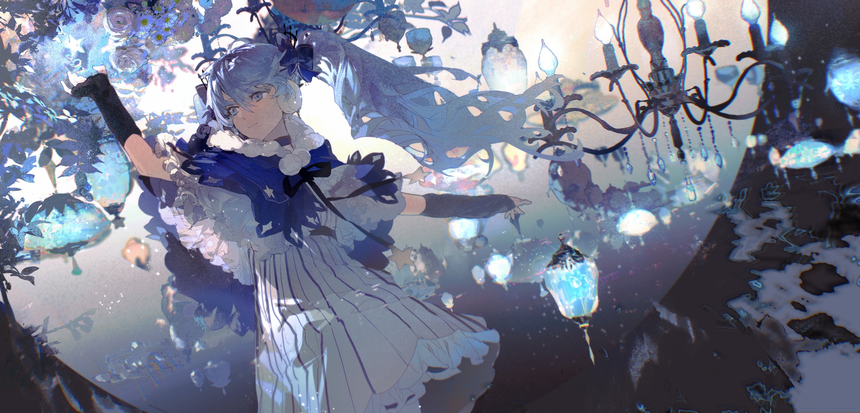 Hatsune Miku in a blue dress with flowers and chandeliers HD Wallpaper