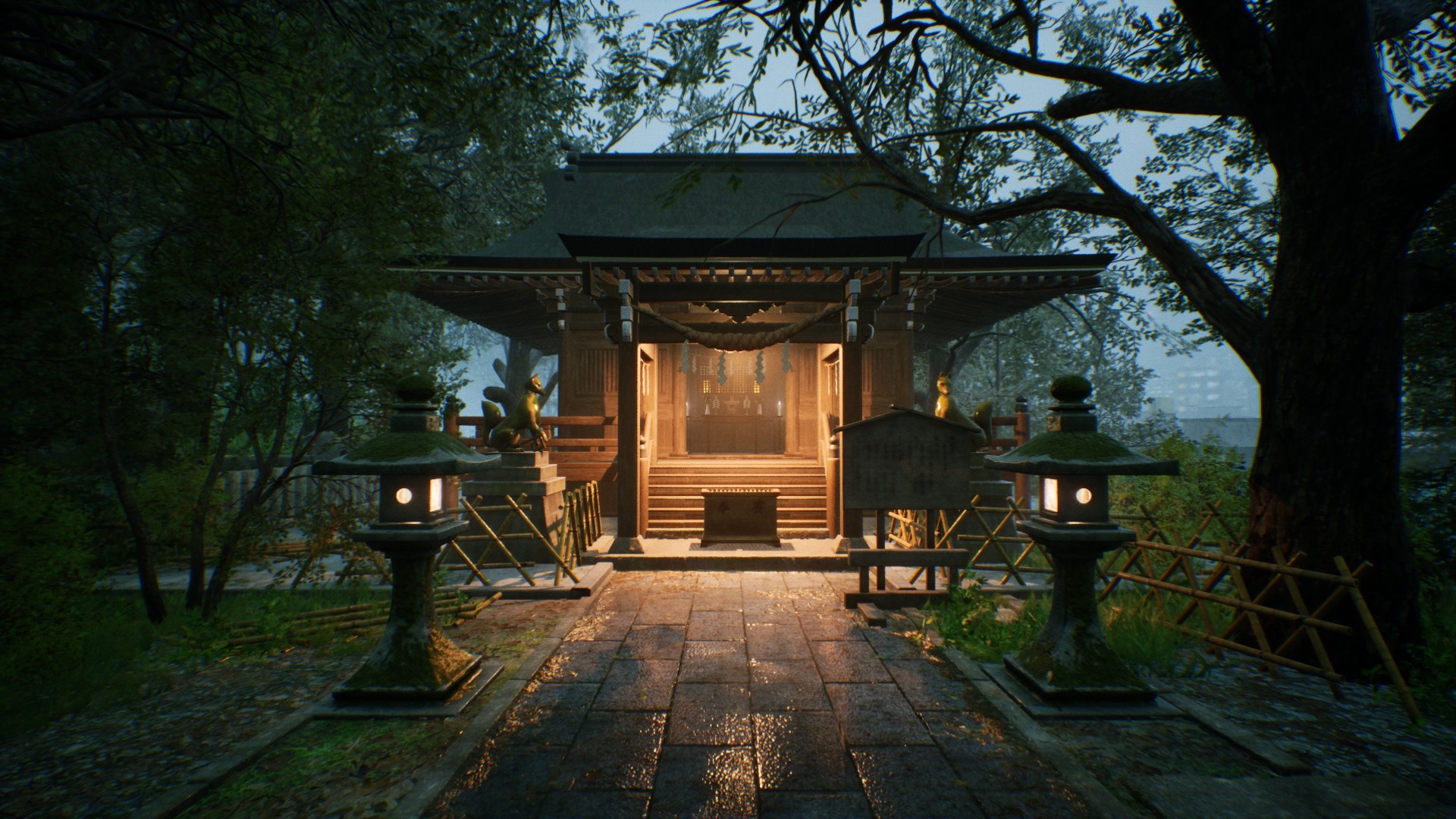Ghostwire: Tokyo shrine with fox statues and lanterns HD Wallpaper