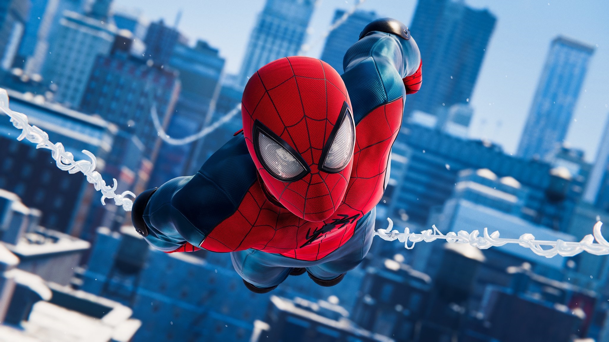 Spider-Man swinging through a city HD Wallpaper