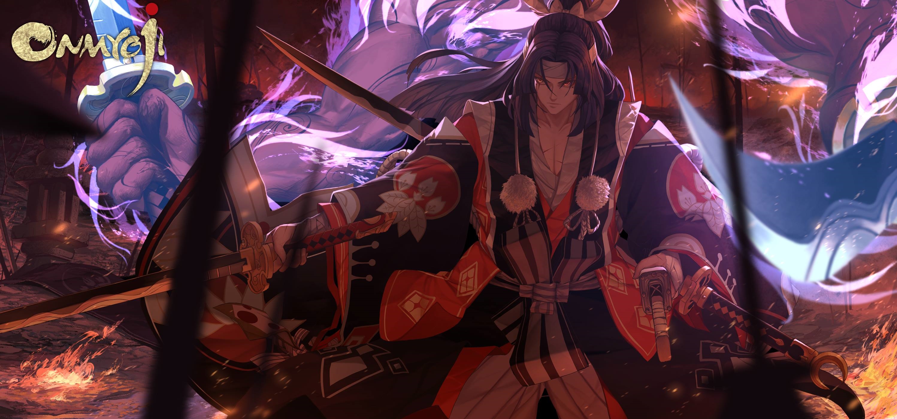 Onmyoji anime character with swords and purple aura HD Wallpaper