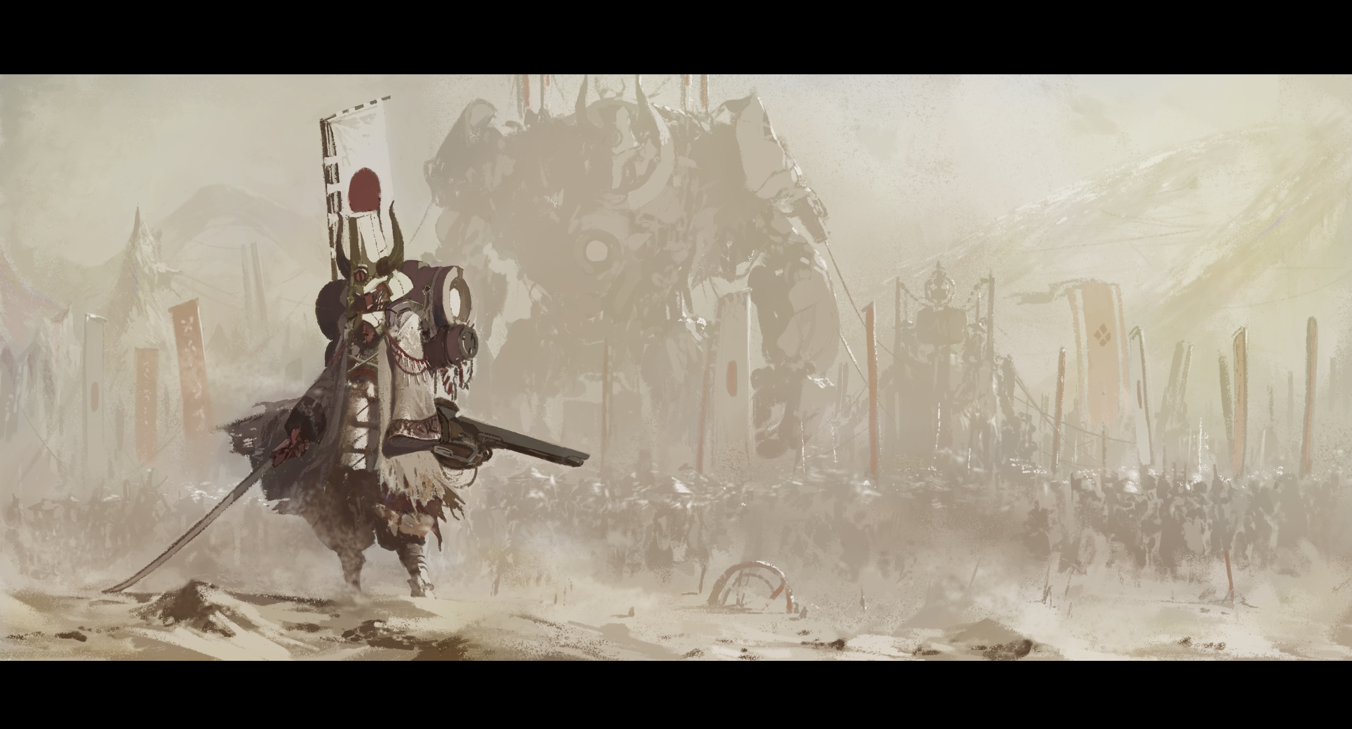 4K Samurai with Giant Mech in Desert HD Wallpaper