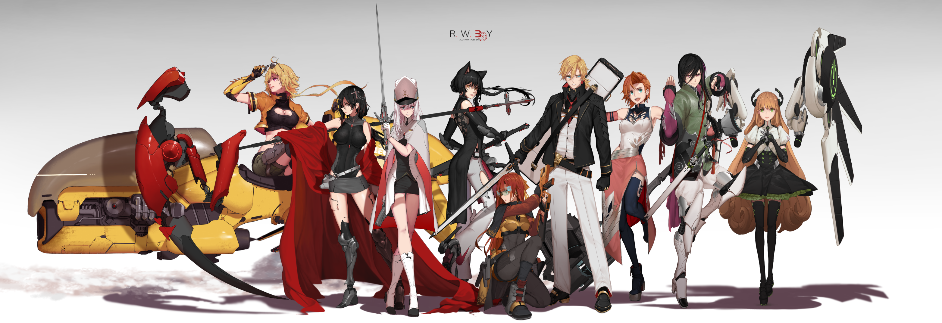 RWBY characters with weapons and a vehicle HD Wallpaper