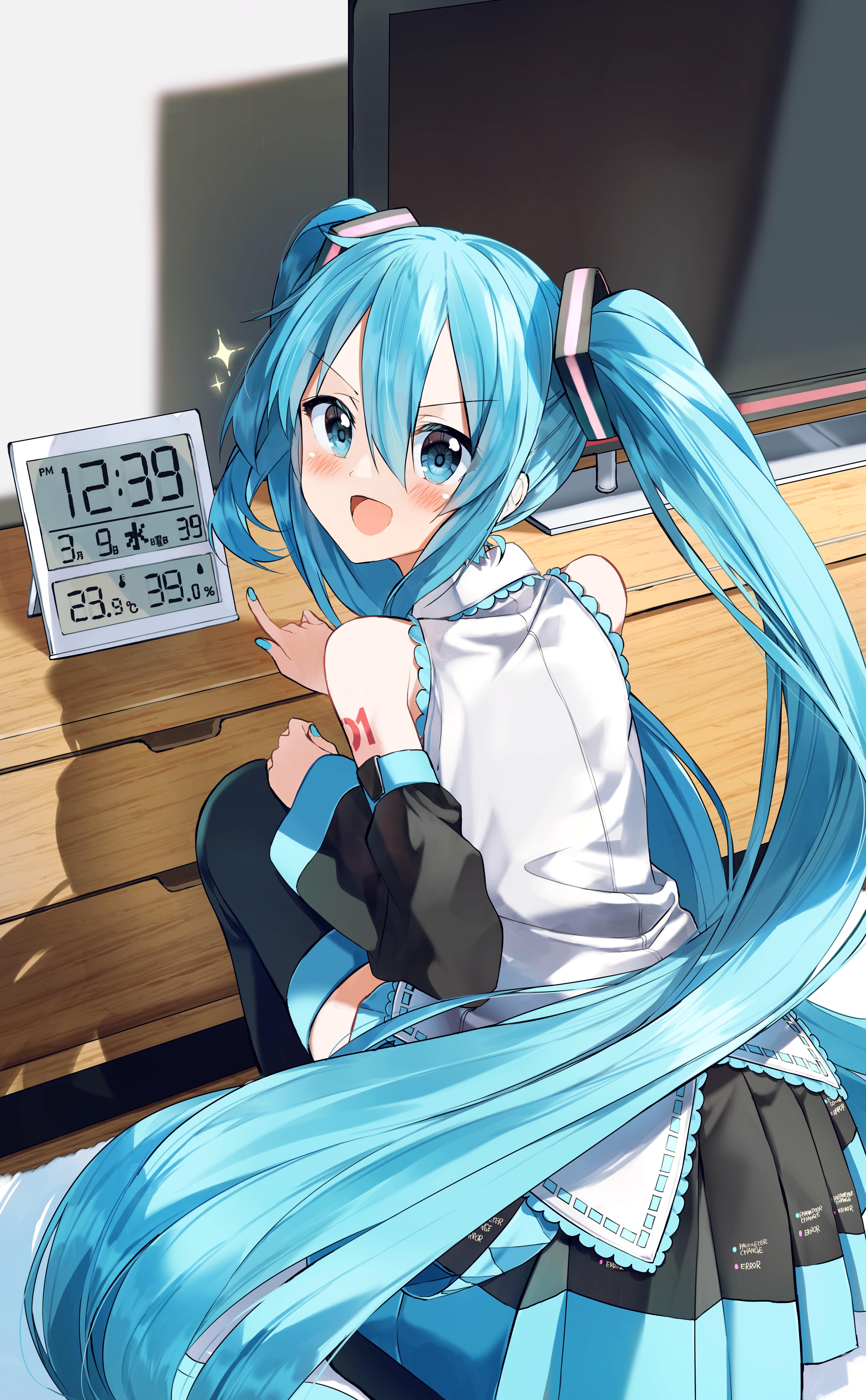 Hatsune Miku sitting by a digital clock and TV HD Phone Wallpaper