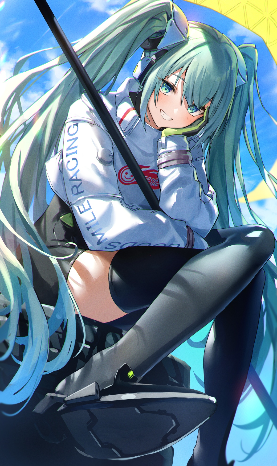 Hatsune Miku in a racing outfit smiling HD Phone Wallpaper