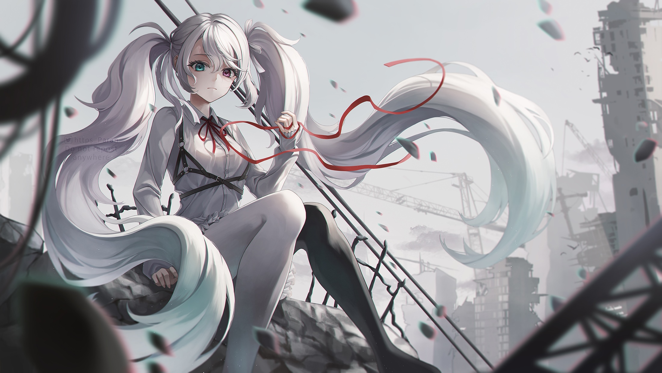 Anime girl with twintails and heterochromia in debris HD Wallpaper