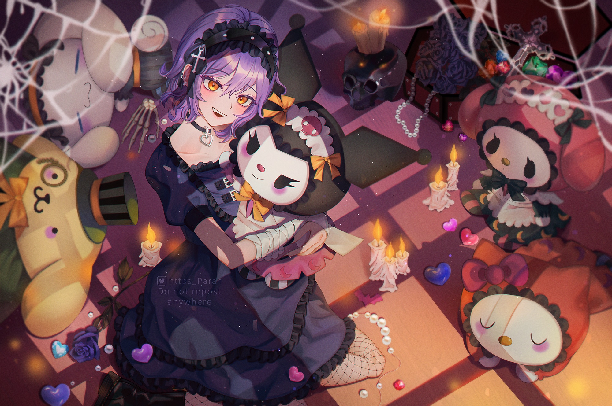 Anime girl with Kuromi and My Melody dolls HD Wallpaper