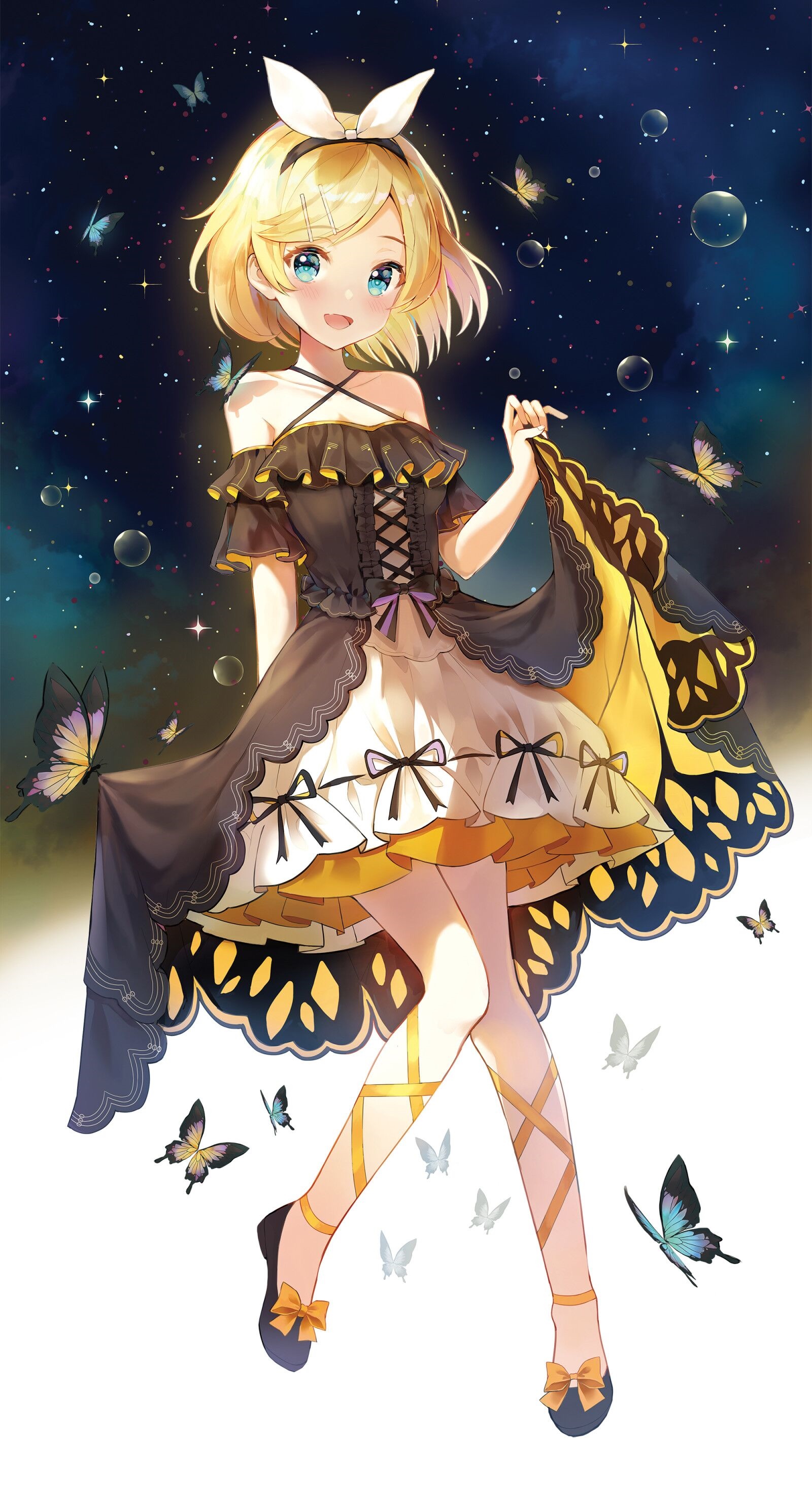 Kagamine Rin with butterflies in a starry night HD Phone Wallpaper
