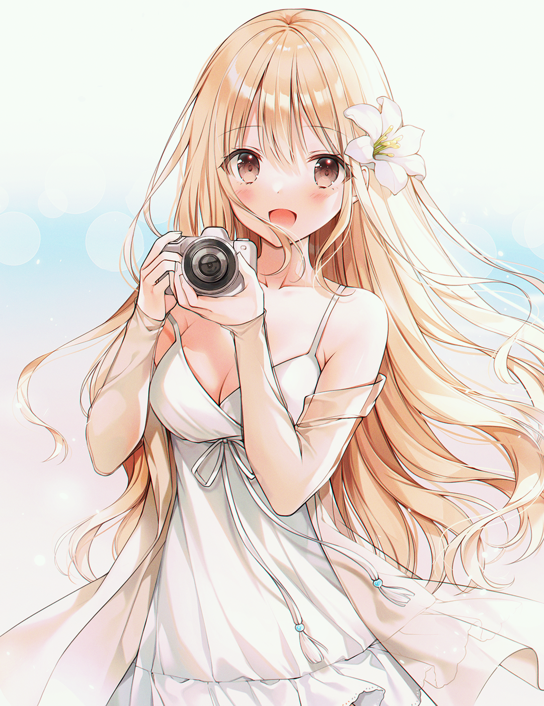 Artwork of a girl with blonde hair holding a camera HD Phone Wallpaper