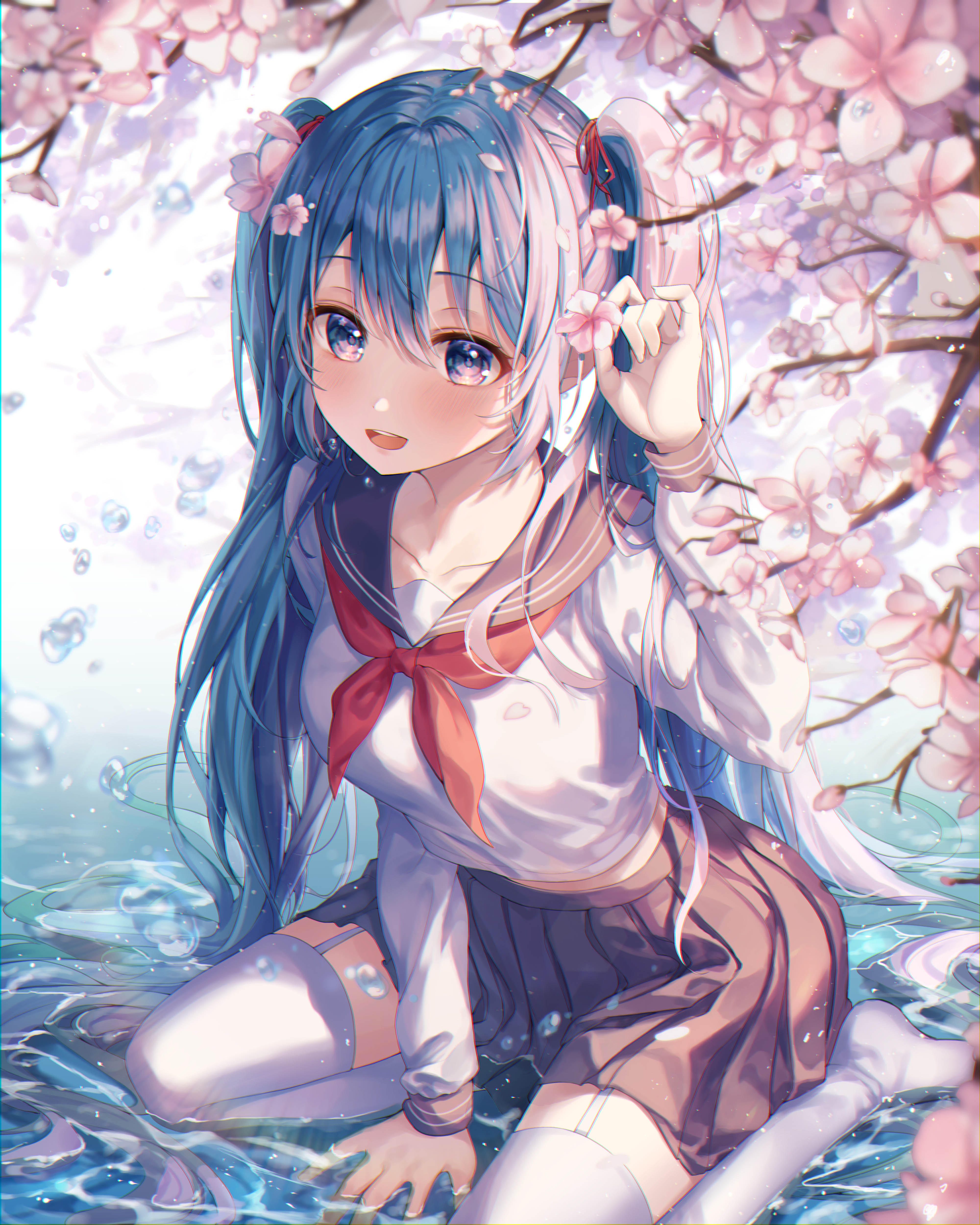 Hatsune Miku in a school uniform with cherry blossoms and water HD Phone Wallpaper