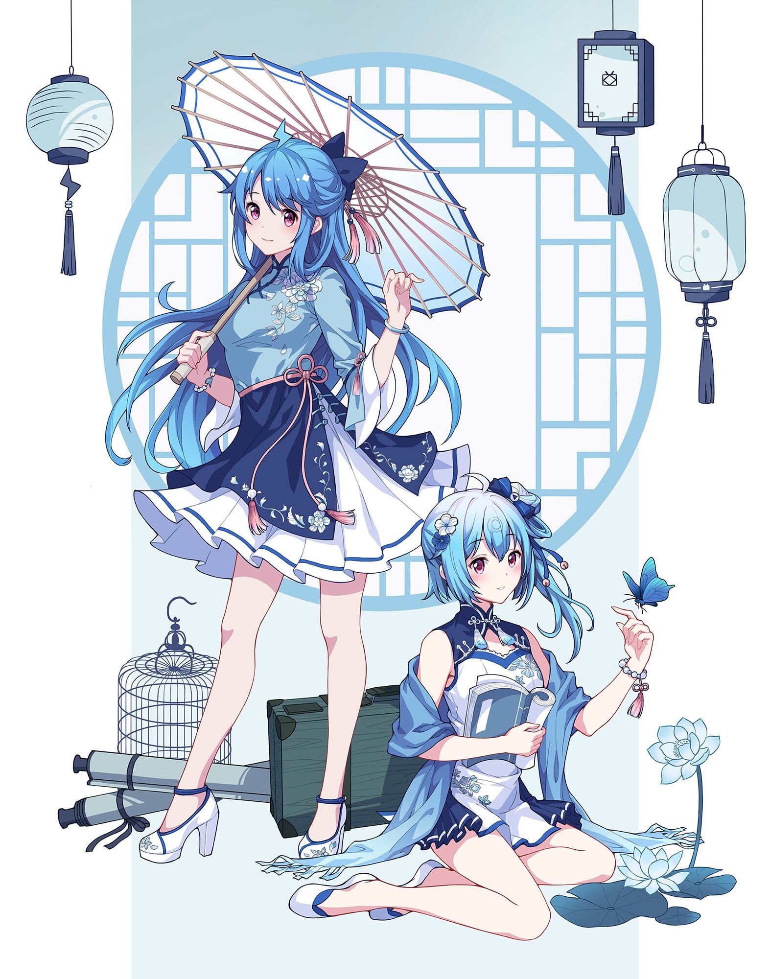 Anime girls in Chinese dresses with lanterns and butterflies HD Phone Wallpaper