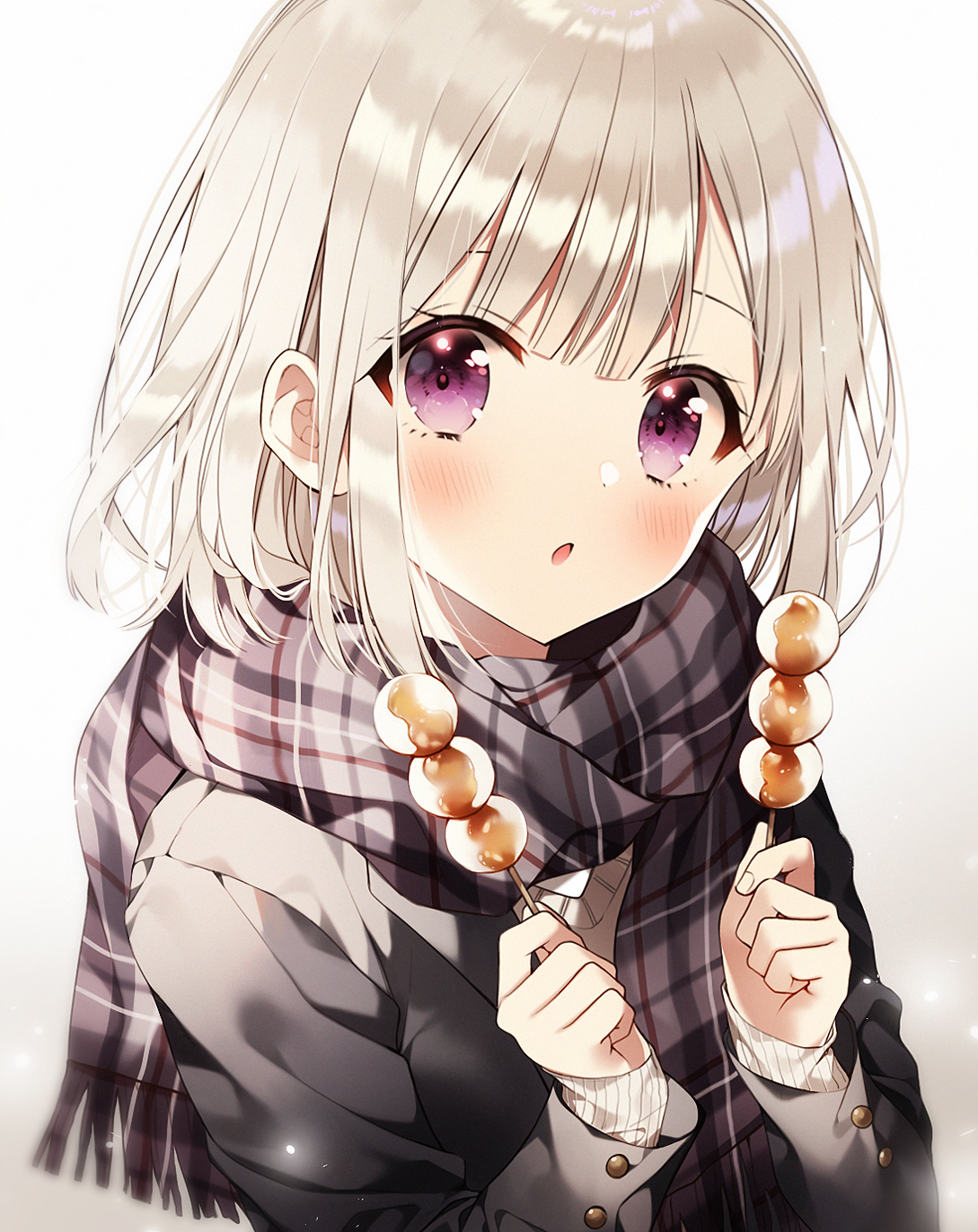 Girl with purple eyes and white hair holding dango HD Phone Wallpaper