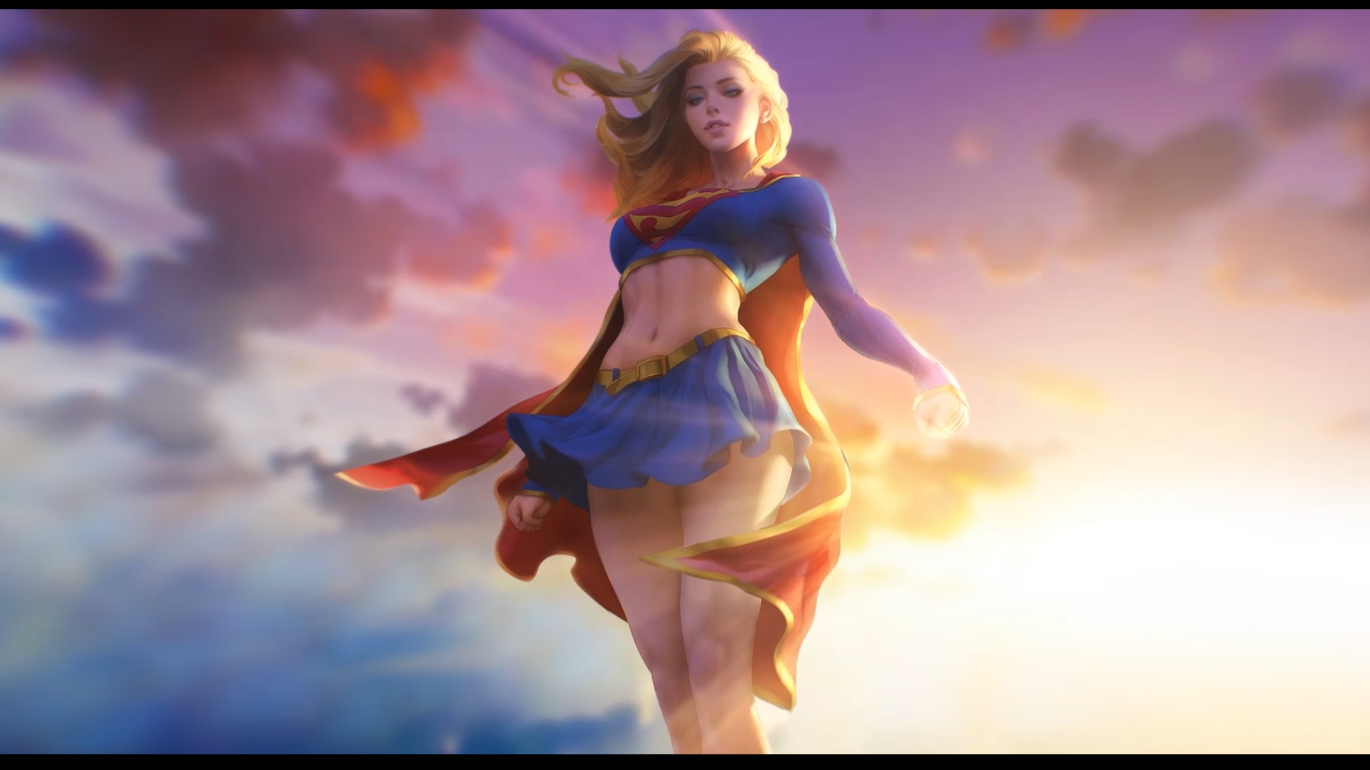 Supergirl in a blue skirt and red cape against a sunset sky HD Wallpaper