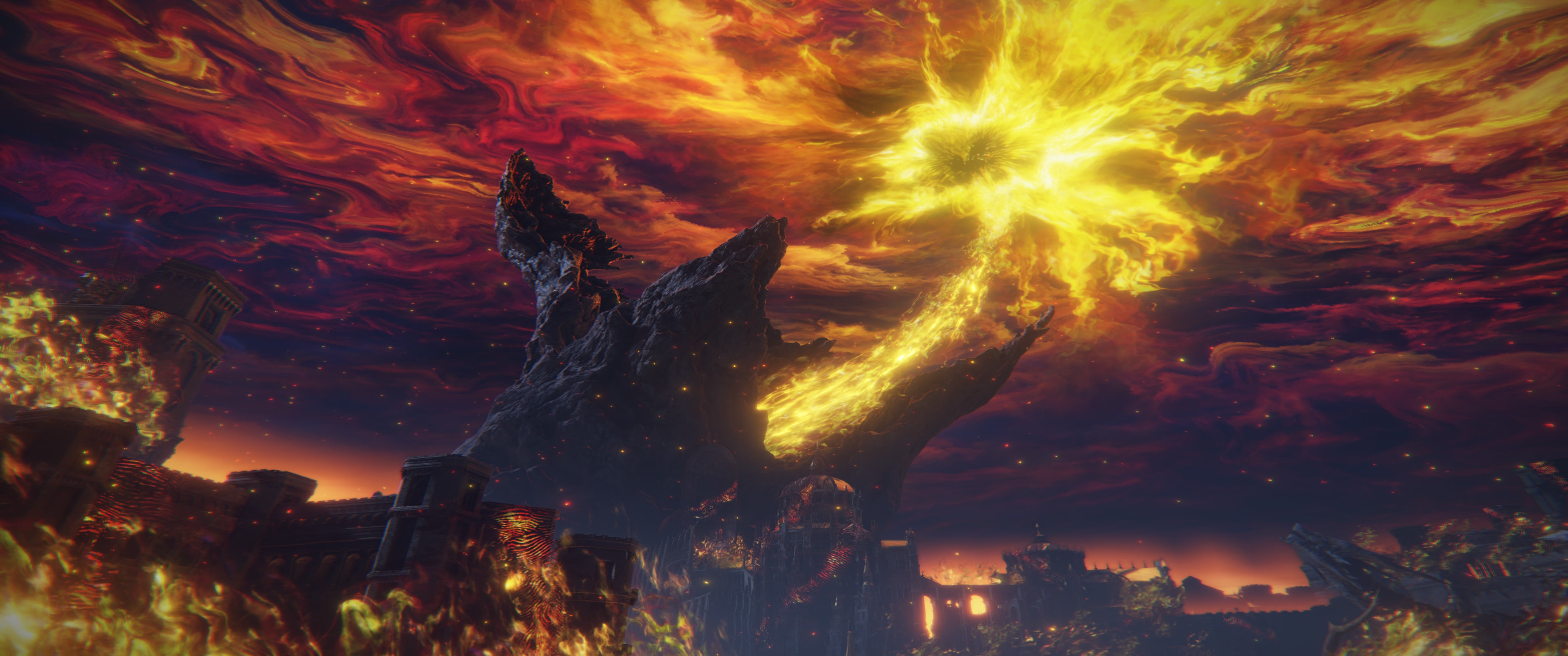 Elden Ring: Fiery sky over a ruined landscape HD Wallpaper