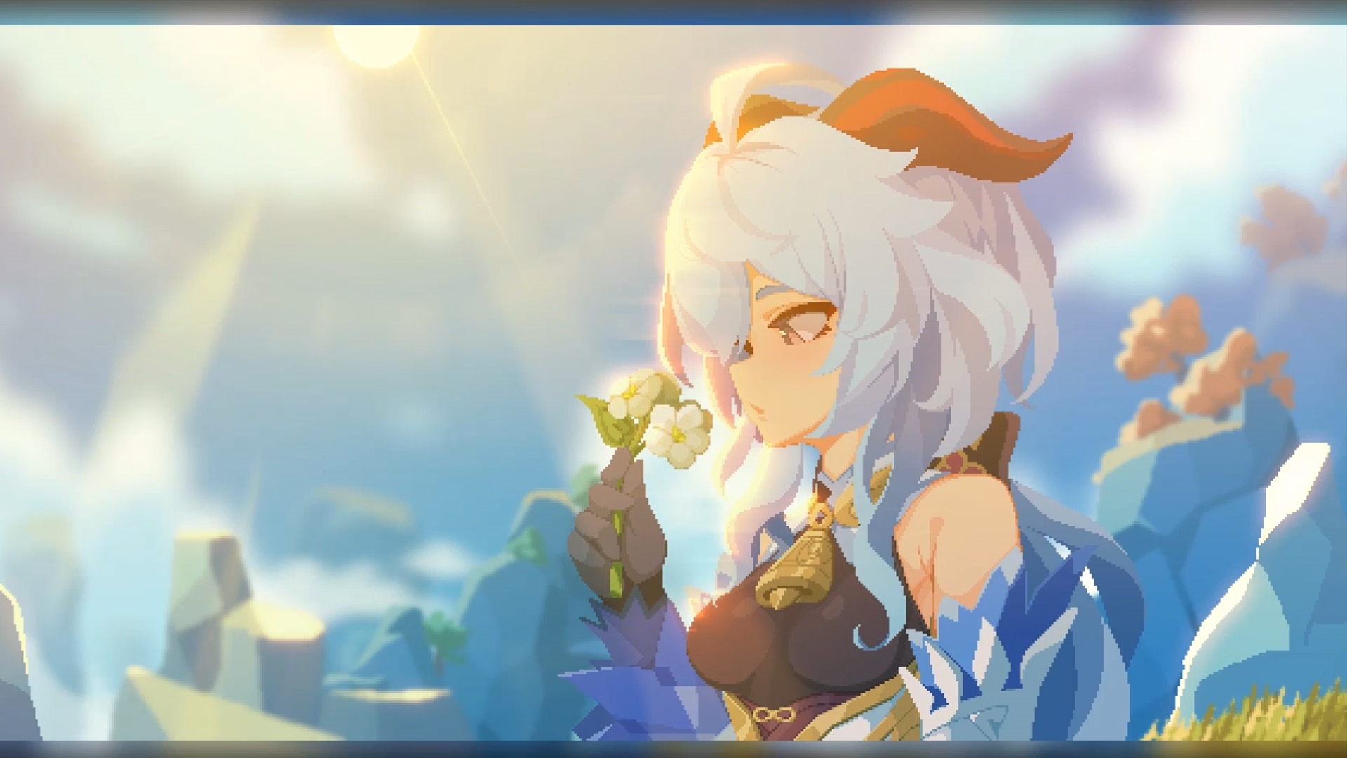 Genshin Impact pixel art of Ganyu smelling flowers HD Wallpaper