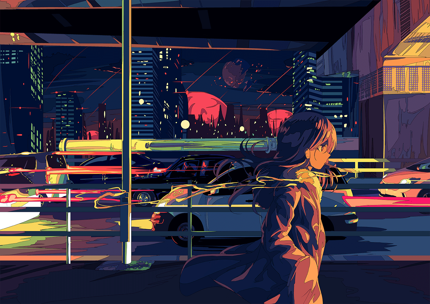 Anime girl in a city at night with traffic HD Wallpaper
